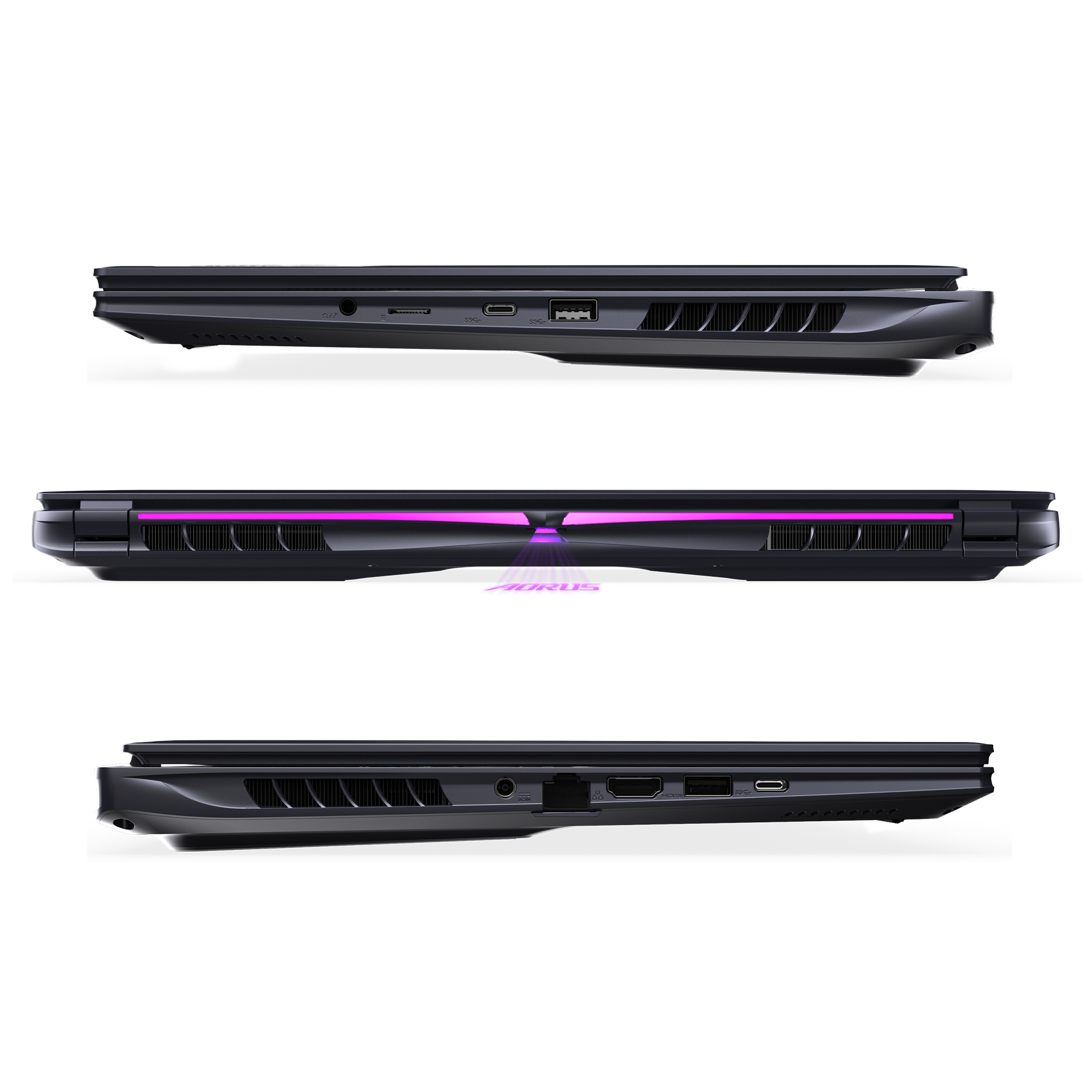 Ein Laptop aus verschiedenen Blickwinkeln. Es ist dunkel mit einer leuchtenden Linie.