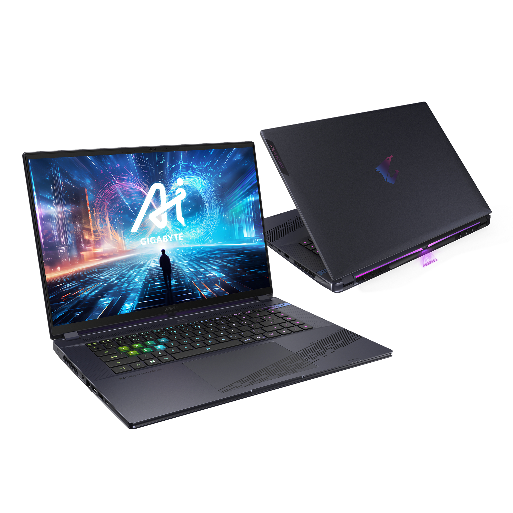 Ein Laptop mit zwei Bildschirmen, der eine farbenfrohe Benutzeroberfläche zeigt.