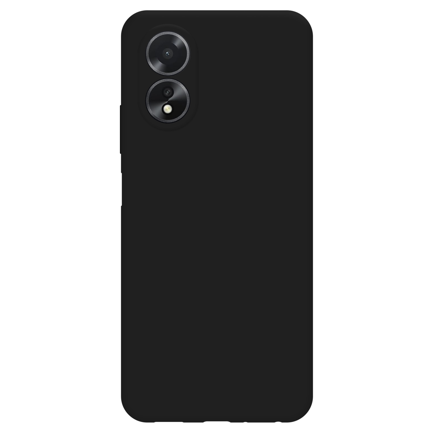 Zwarte telefoon met dubbele camera en een gladde achterkant.