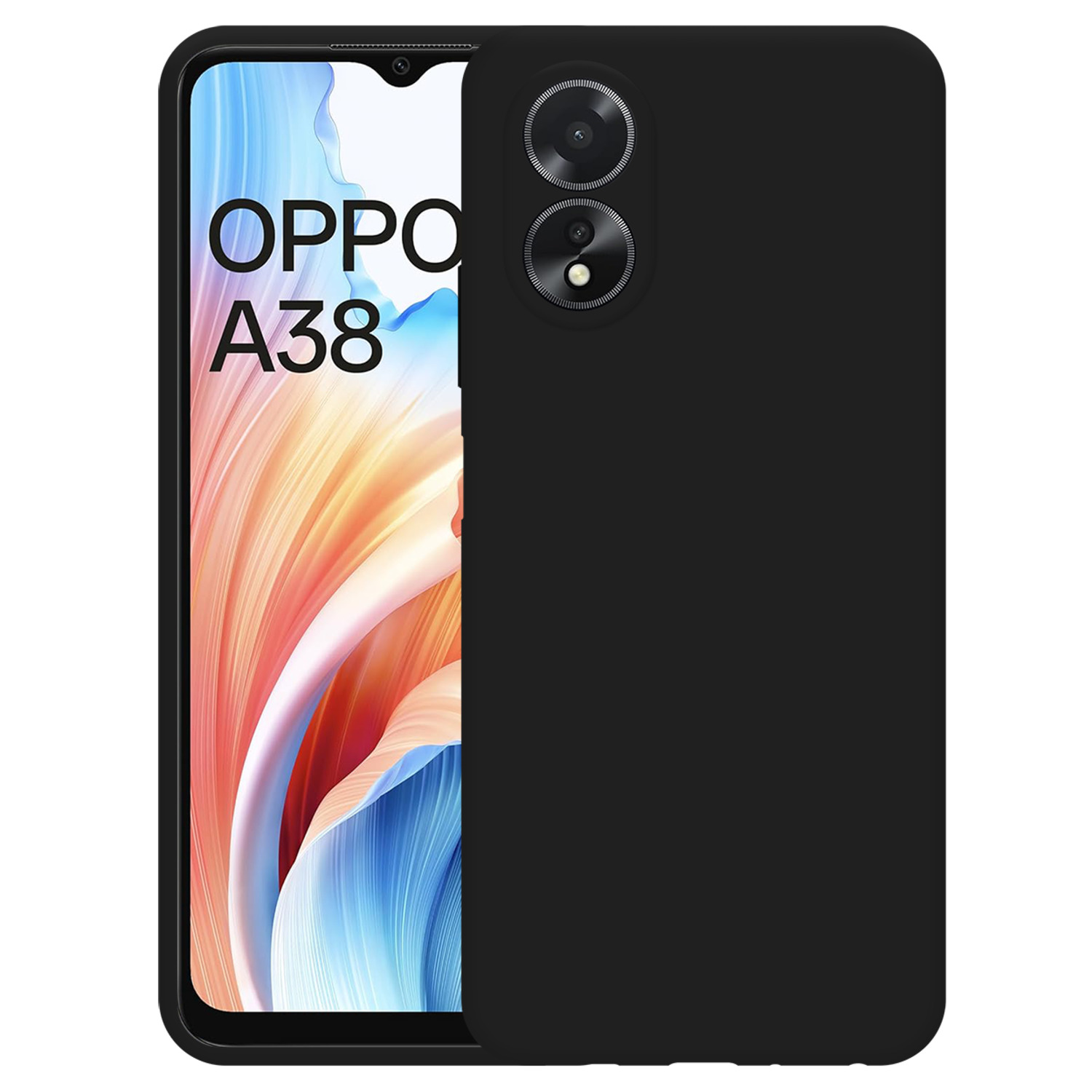 Een zwarte telefoonhoes met het OPPO A38 label op het scherm.