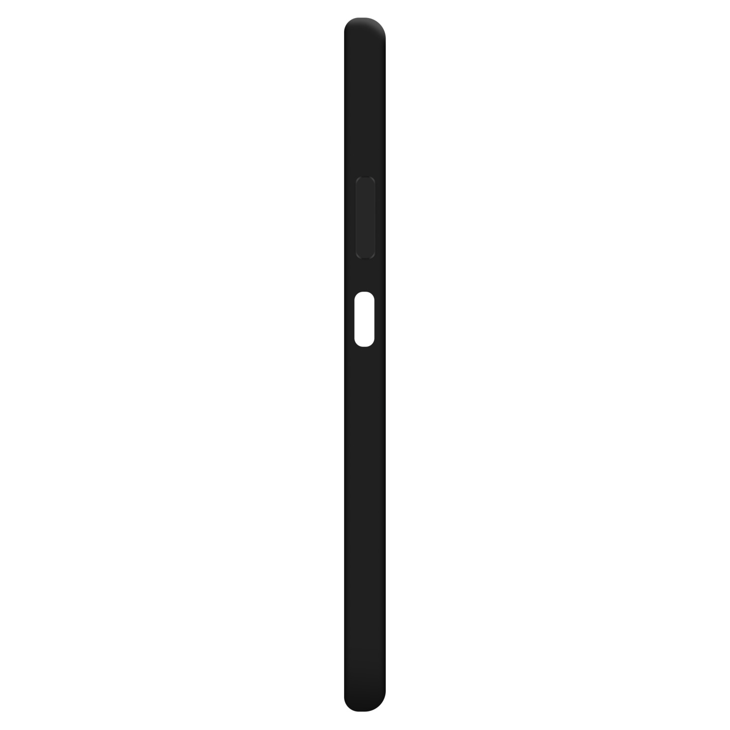 Zwarte telefoon zijaanzicht met knoppen en een kleine opening. Glad, eenvoudig ontwerp.