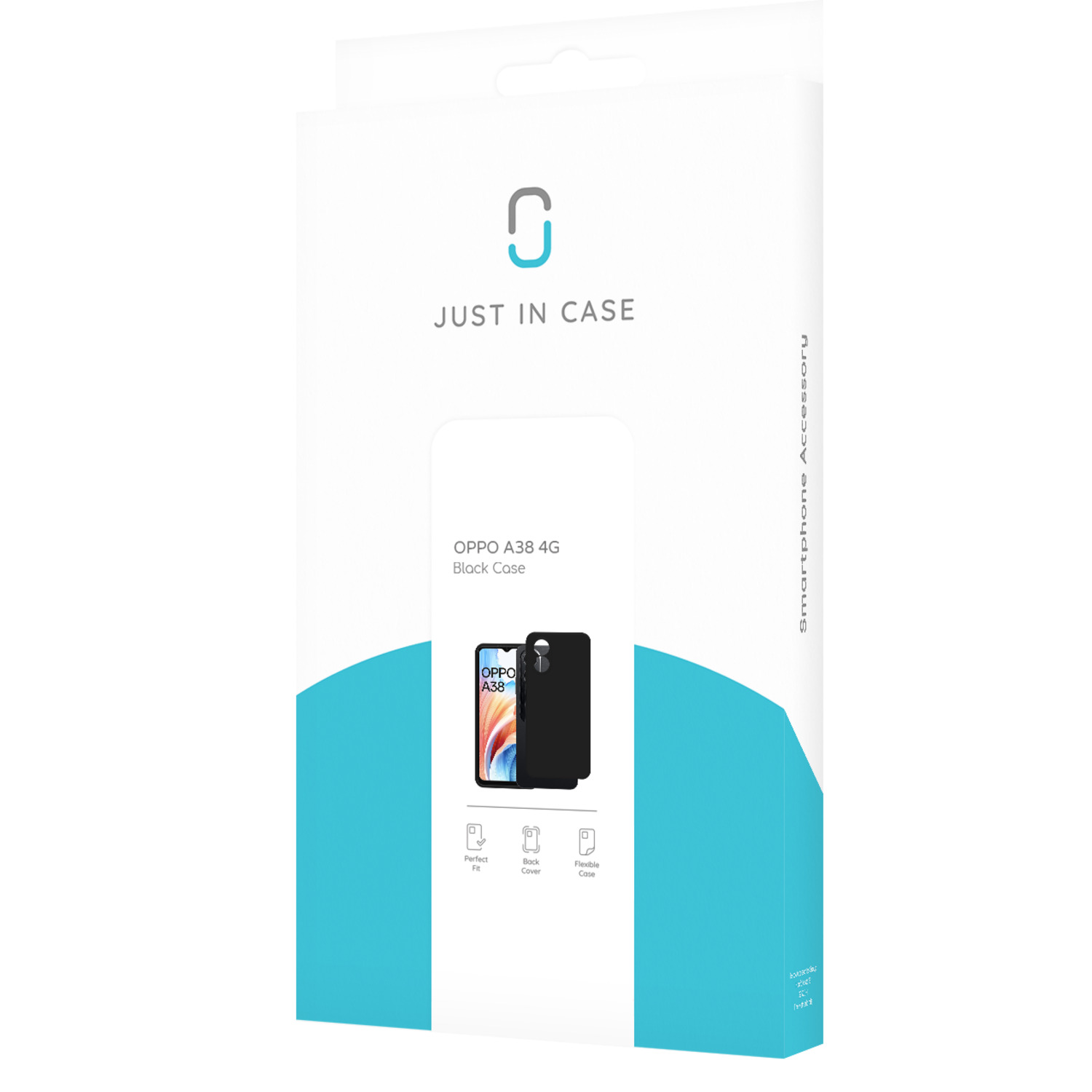 Een telefoonhoesje doos met een zwarte telefoonhoesje afbeelding. De merknaam is 'JUST IN CASE'.
