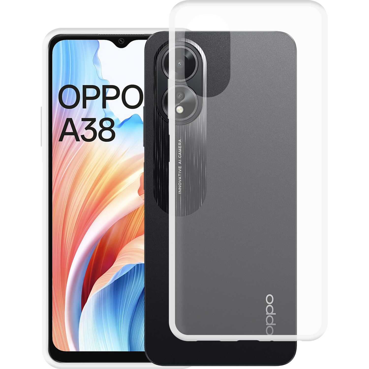 Un téléphone Oppo A38 avec protecteur d'écran et étui de protection. Double caméra.