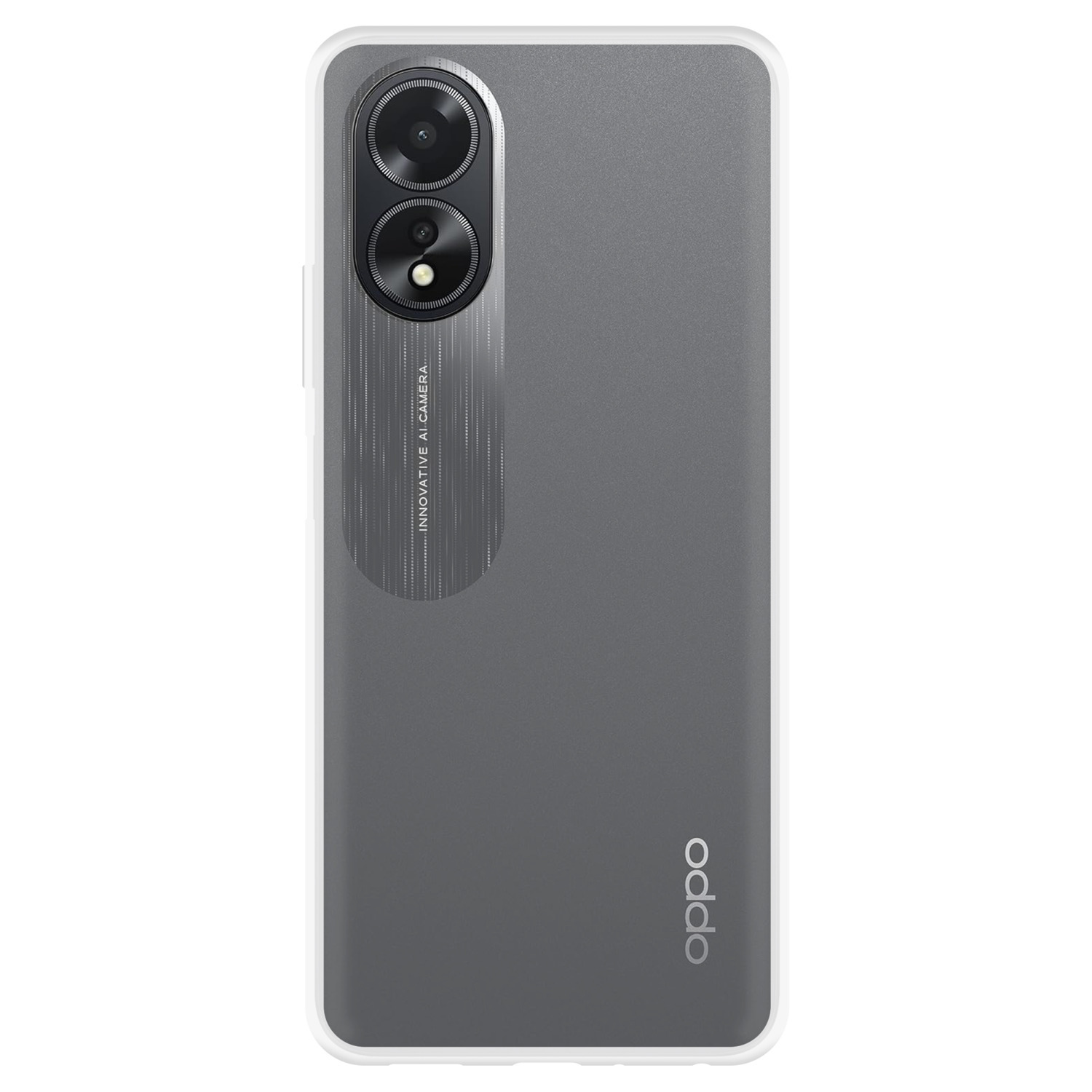 Dos de téléphone gris foncé avec trois objectifs et le logo OPPO. Le téléphone est dans un étui.