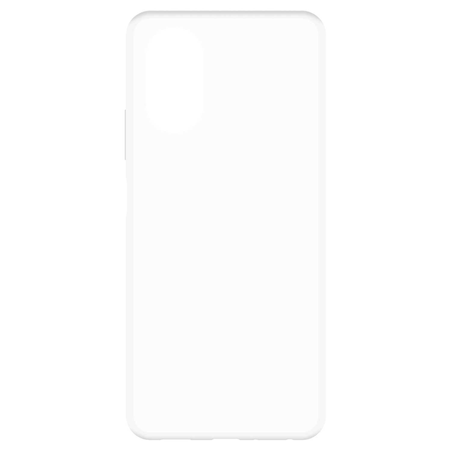 Une coque de téléphone transparente. Elle est blanche et a une découpe pour l'appareil photo et des trous pour les boutons.
