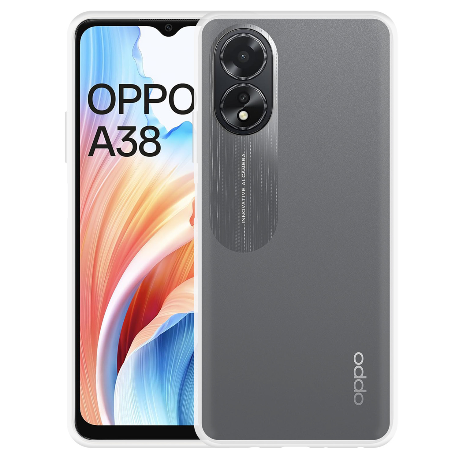 Téléphone Oppo A38 gris avec double caméra. Cadre blanc et le logo Oppo en bas.