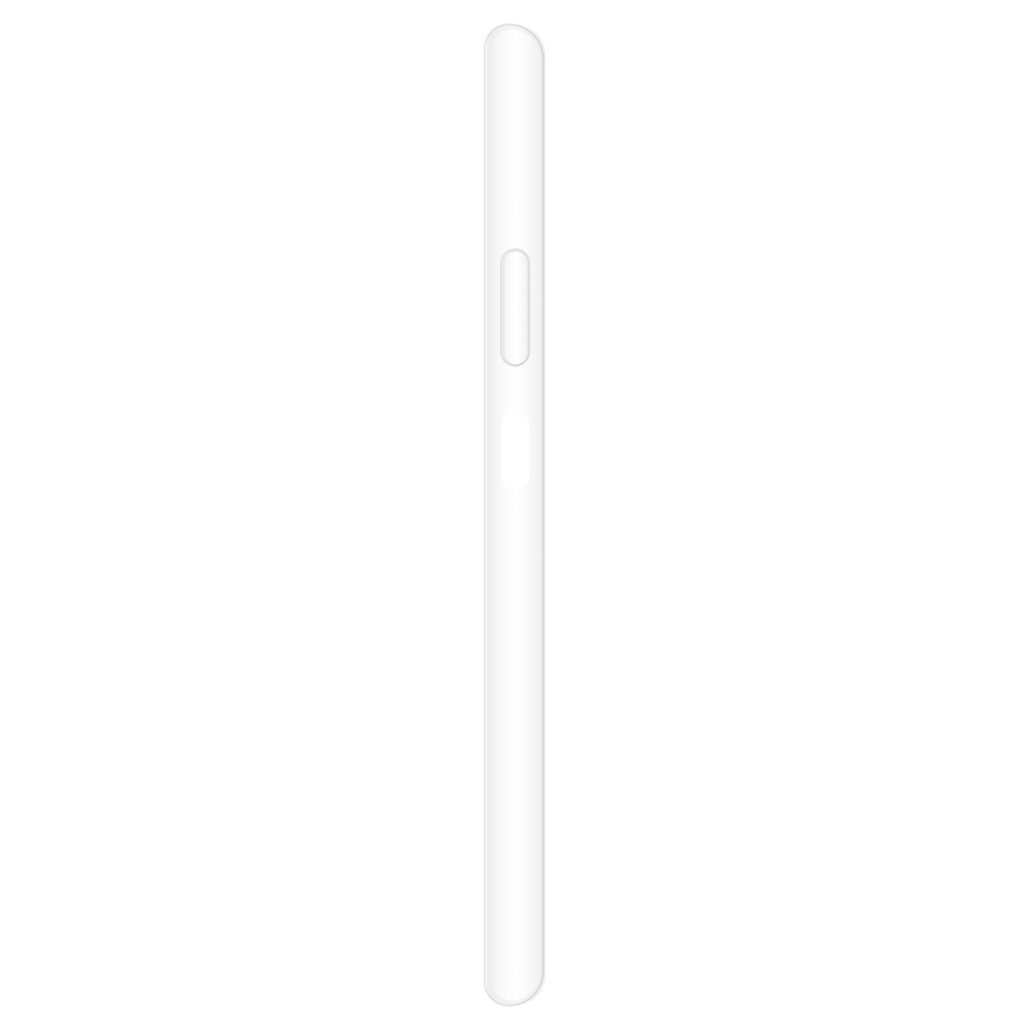 Vue latérale d'un téléphone blanc. Possède un seul bouton et des bords lisses.