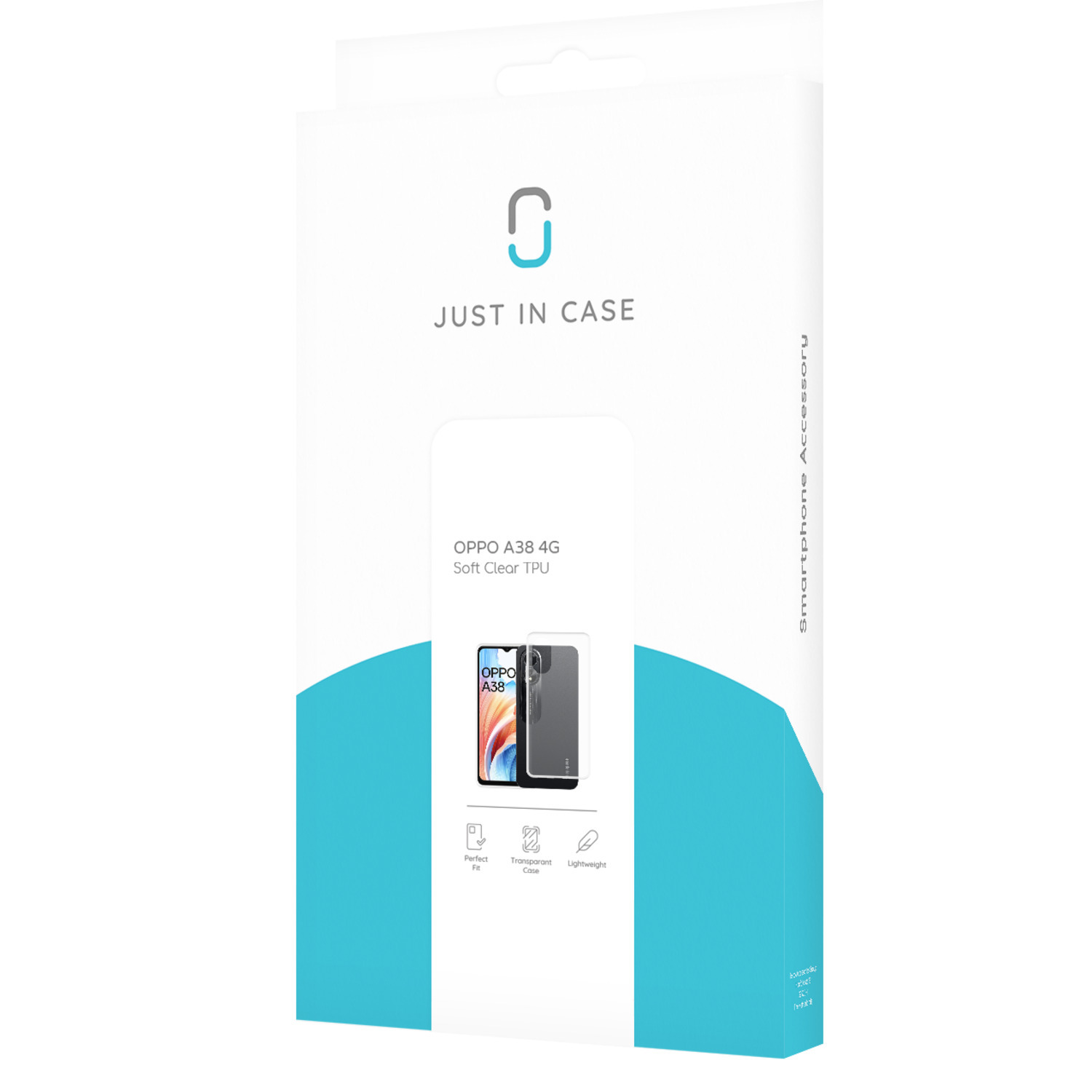 Emballage d'étui de téléphone: étui transparent avec une image de téléphone et une boîte avec le texte: JUST IN CASE.