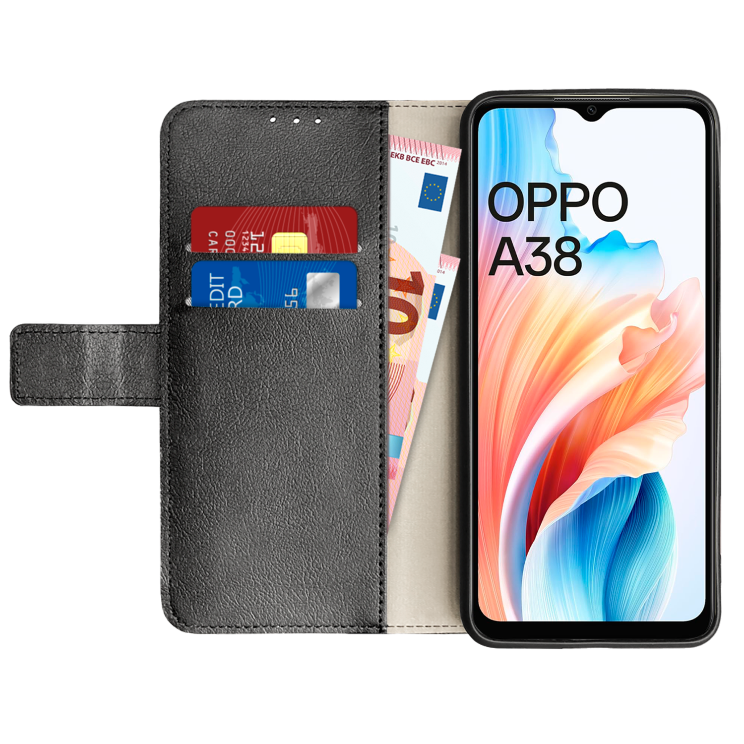 Un téléphone Oppo A38 dans un étui portefeuille avec des cartes et de l'argent sur fond noir.