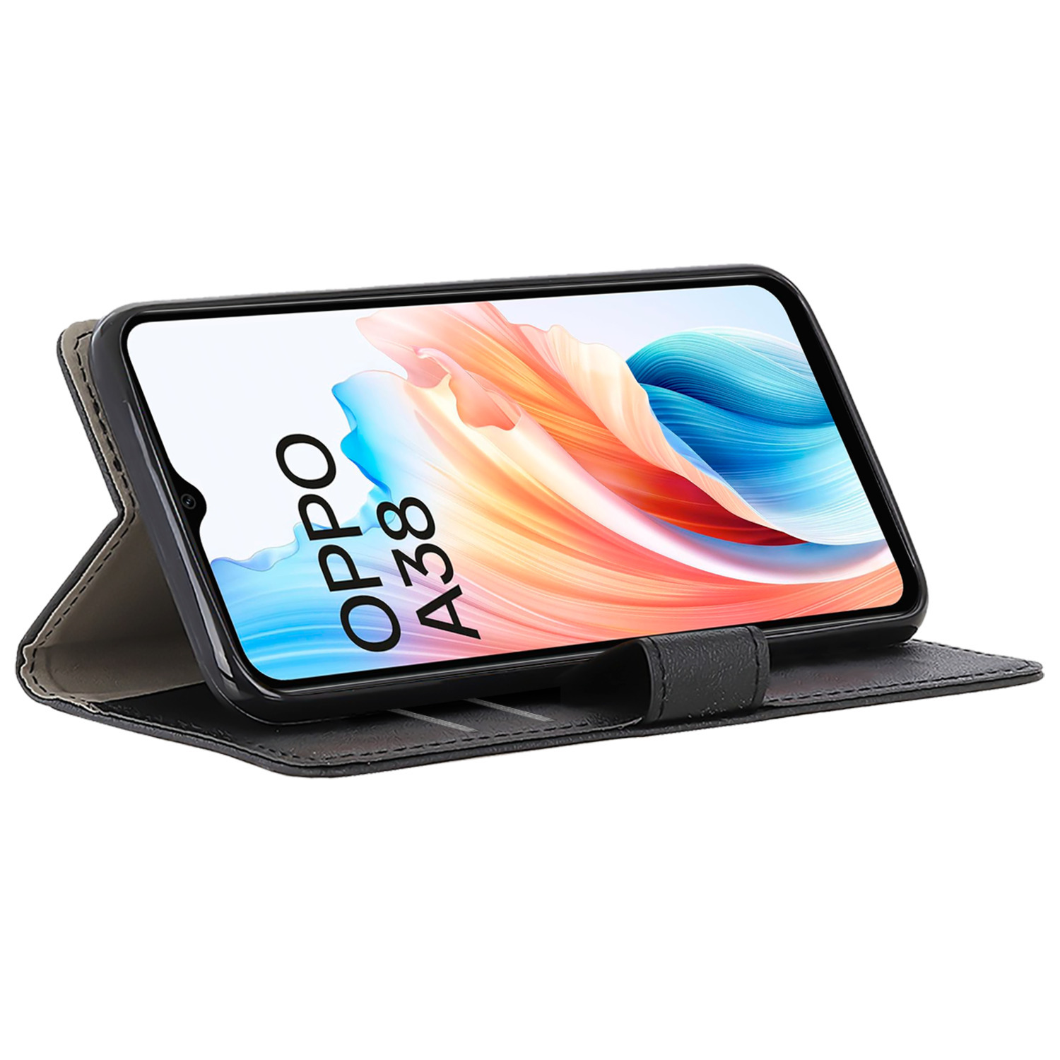 Smartphone OPPO A38 dans un étui folio noir. L'écran affiche un art abstrait coloré. Étui ouvert.
