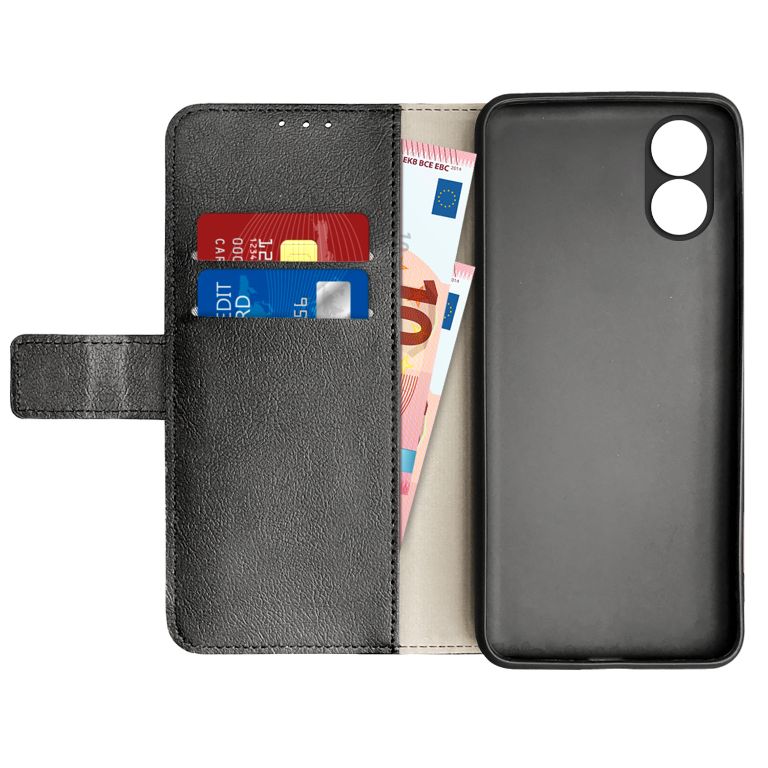 Un étui de téléphone noir est ouvert pour montrer des cartes et de l'argent.