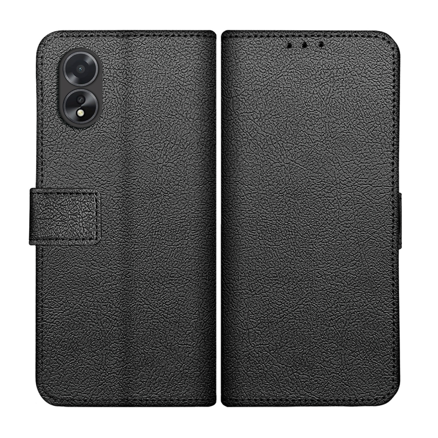 Coque de téléphone noire ouverte, montrant la caméra et l'intérieur.