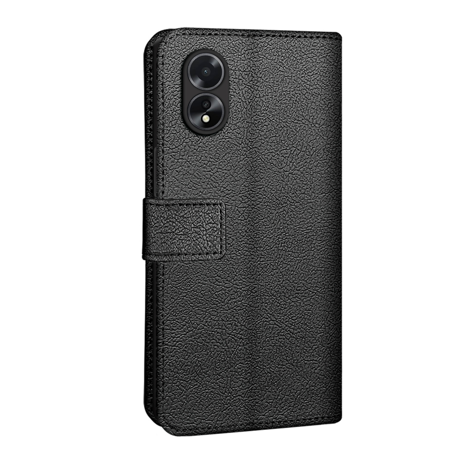 Étui de téléphone en cuir noir avec une surface texturée. Fermeture à rabat et deux objectifs d'appareil photo.