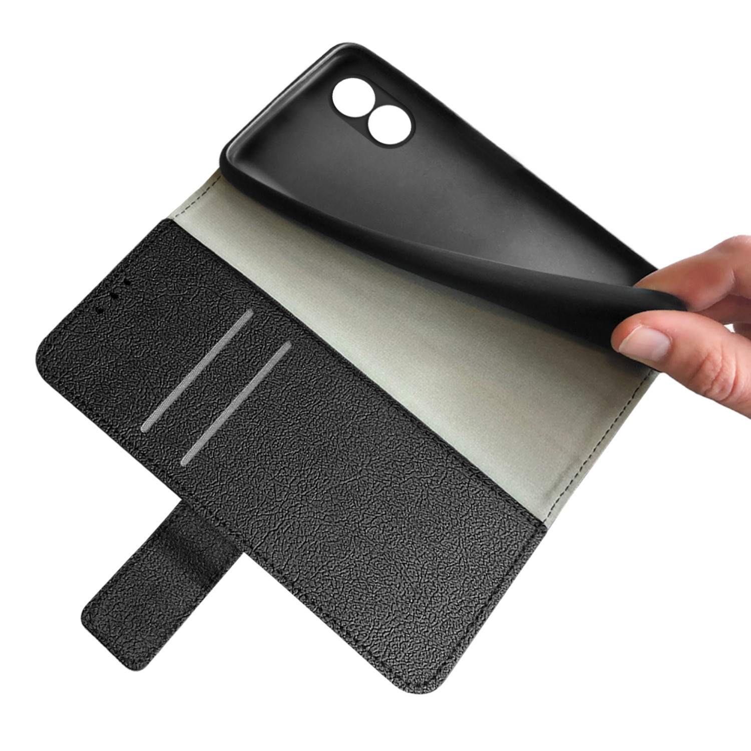 Un étui de téléphone noir est ouvert, montrant un intérieur gris. Une main tient l'étui.