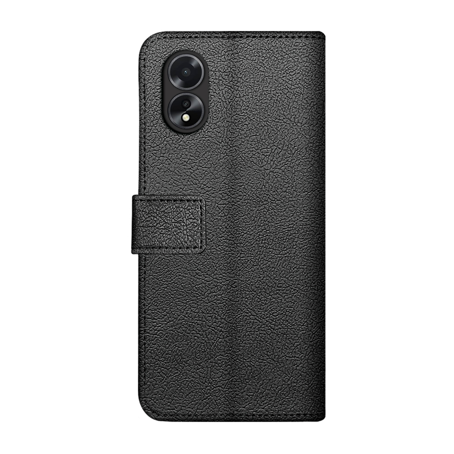Étui de téléphone noir, vue de face. Surface texturée, découpe caméra et rabat.