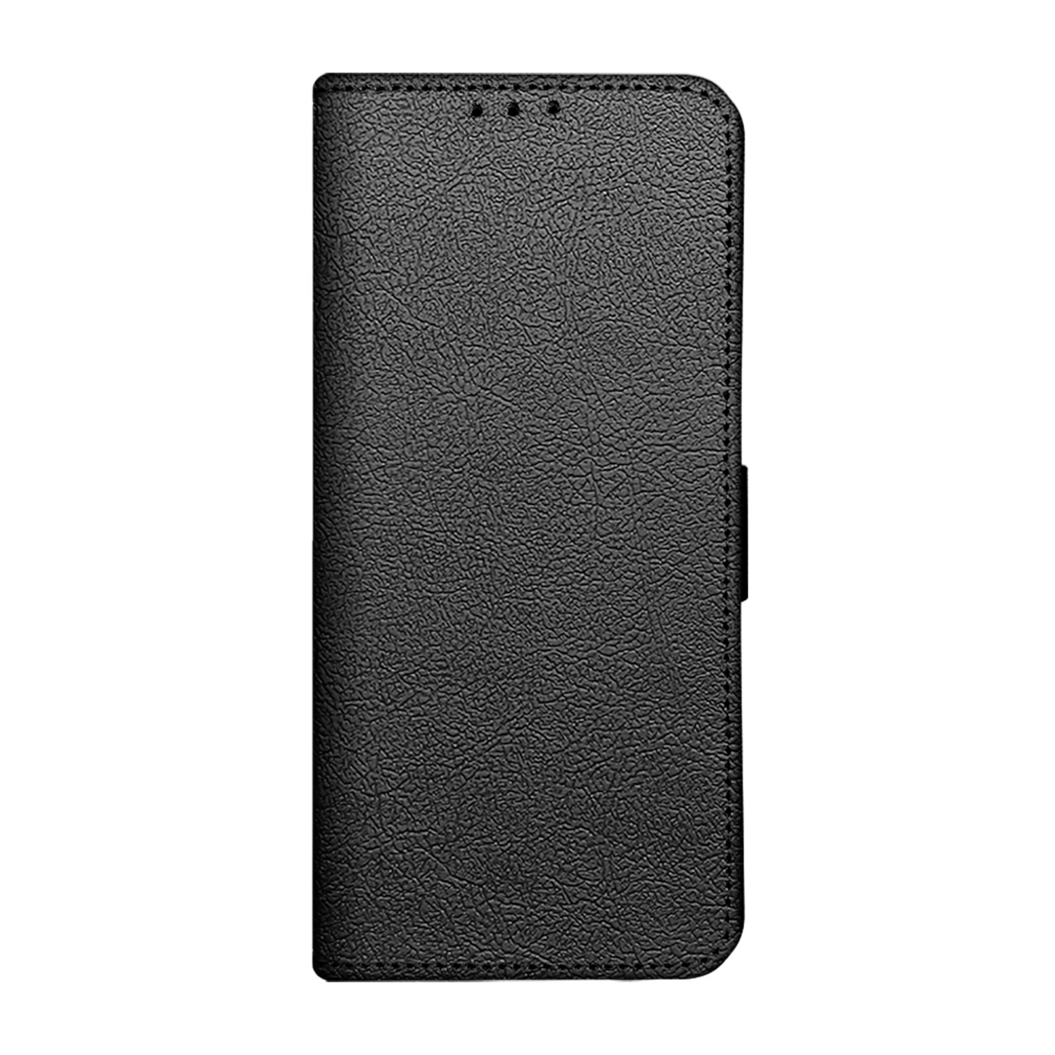 Étui de téléphone noir texturé en cuir. Il a une fermeture magnétique.