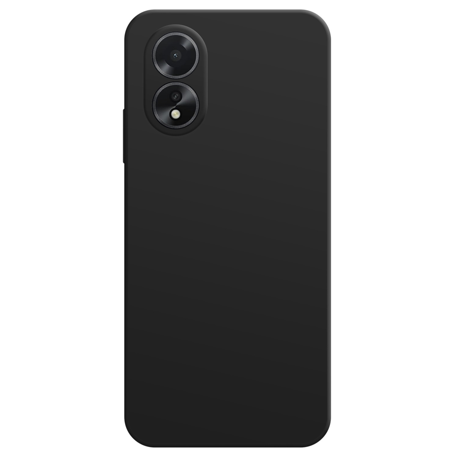 Zwarte telefoonhoes met twee cameralenzen. Flitser en een knop.