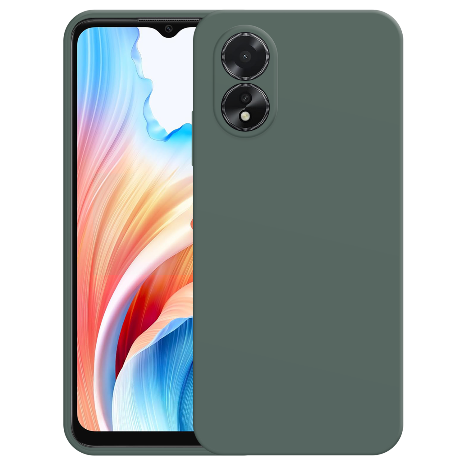 Een groene telefoonhoes met een telefoon erin, met een oranje en blauwe achtergrond.