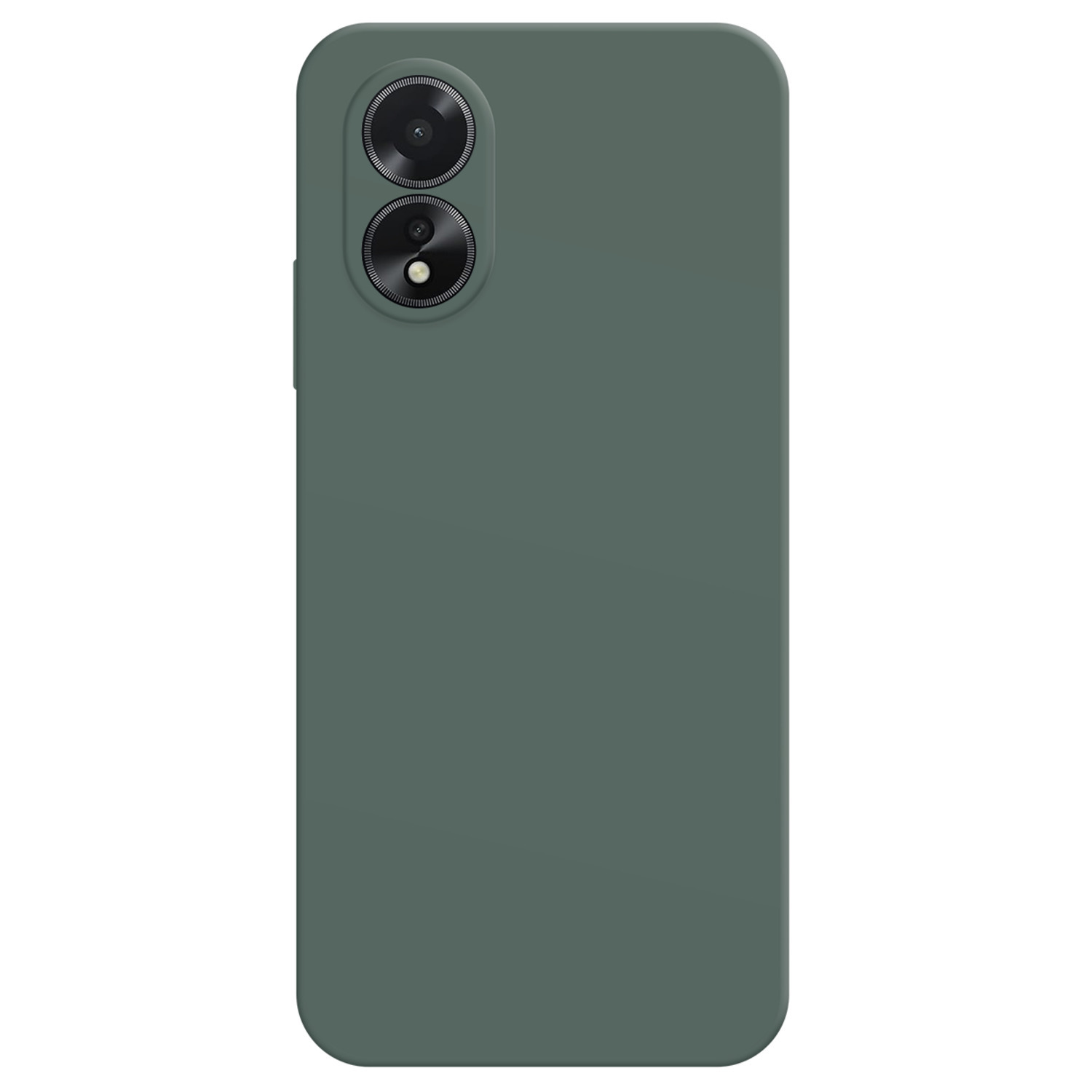 Een close-up van een groene telefoonhoes met twee cameralenzen en een flitser. Het is een strak ontwerp.