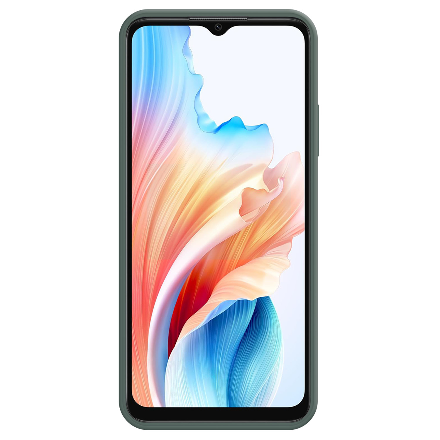 Smartphone met groene rand en abstracte, kleurrijke afbeelding.