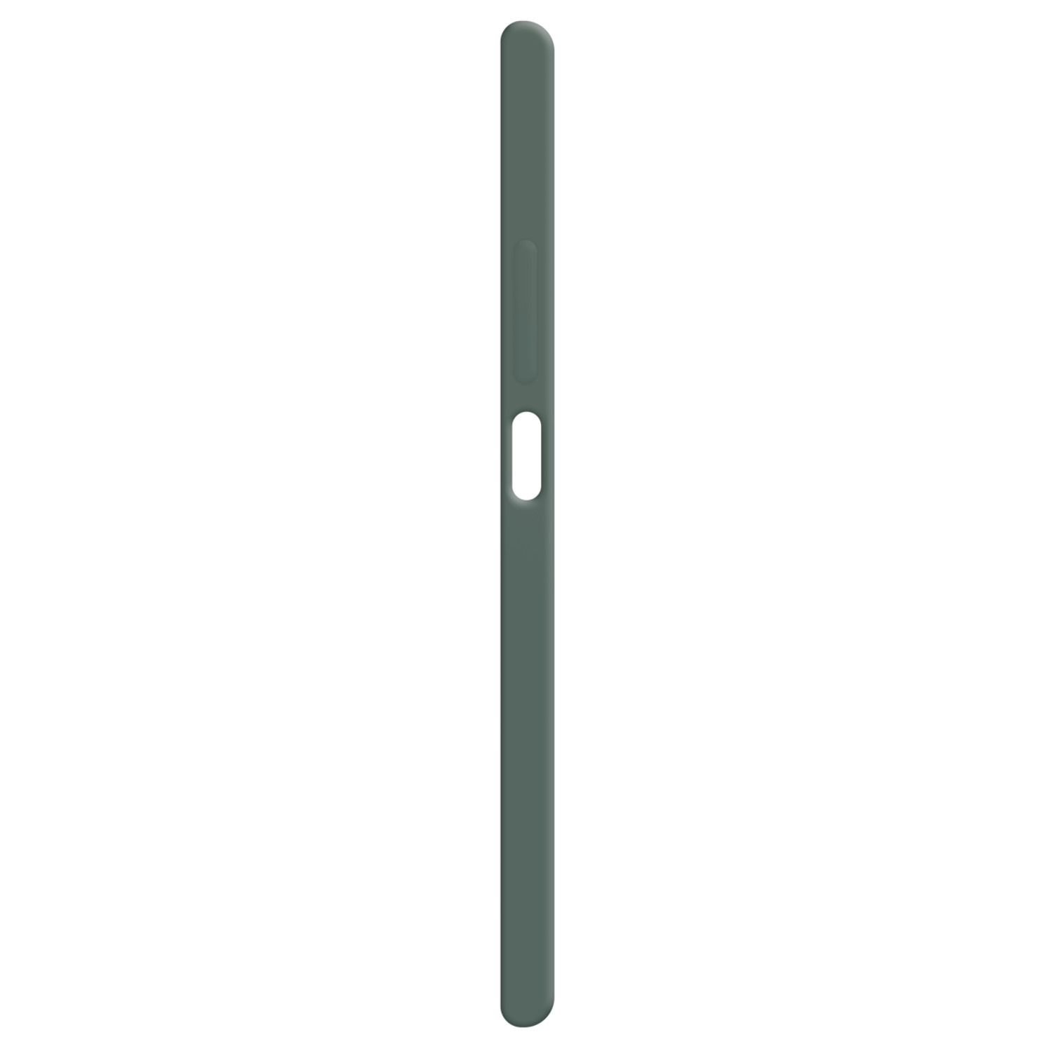Een zijaanzicht van een donkergroene smartphone, met de zijknoppen en een gat voor een microfoon.
