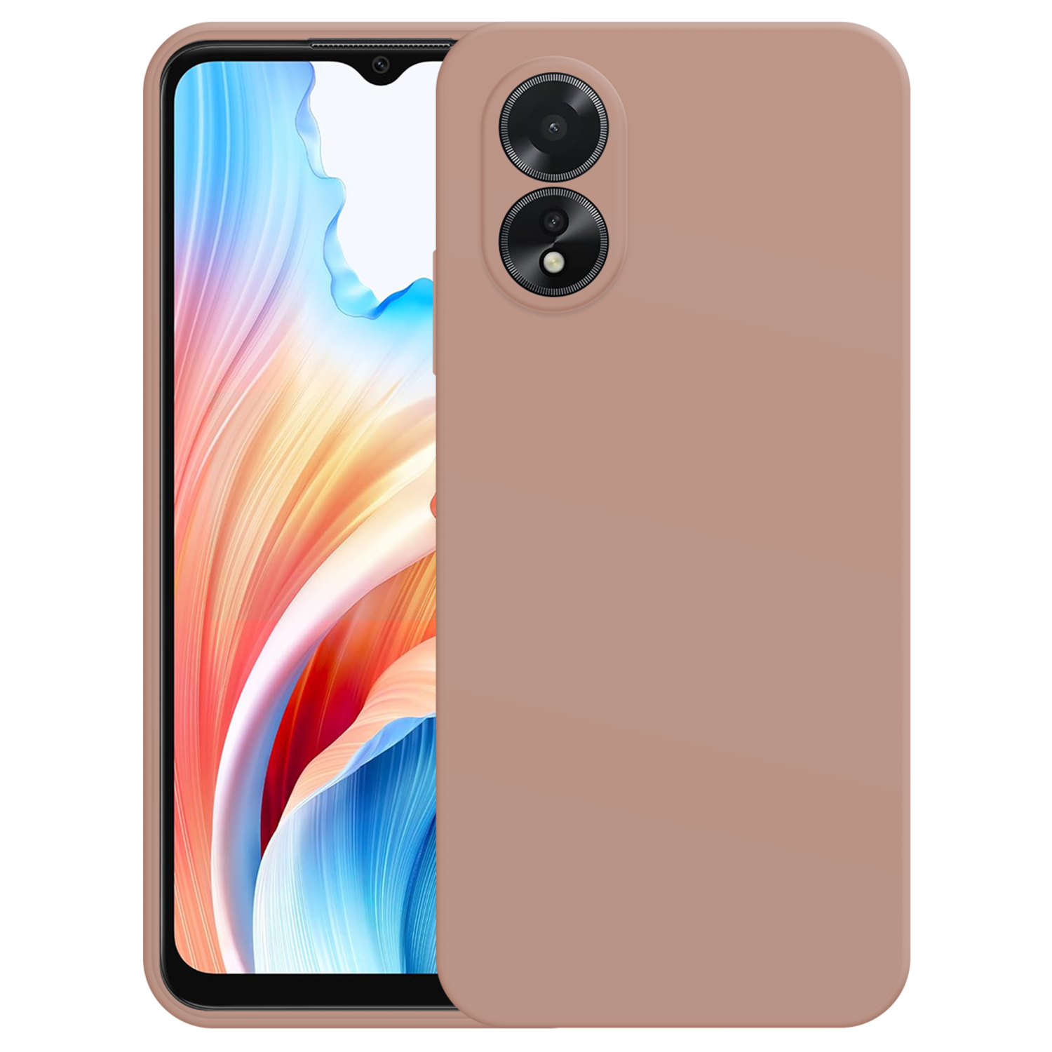 Een telefoon met een bruine hoes en een dubbele camera op een zwarte achtergrond. Kleurrijk scherm.