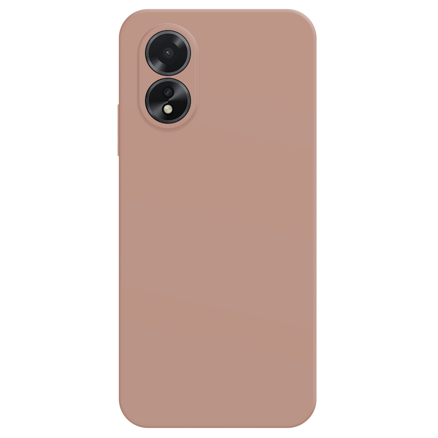 Een roze telefoon met twee cameralenzen op een bruin oppervlak.