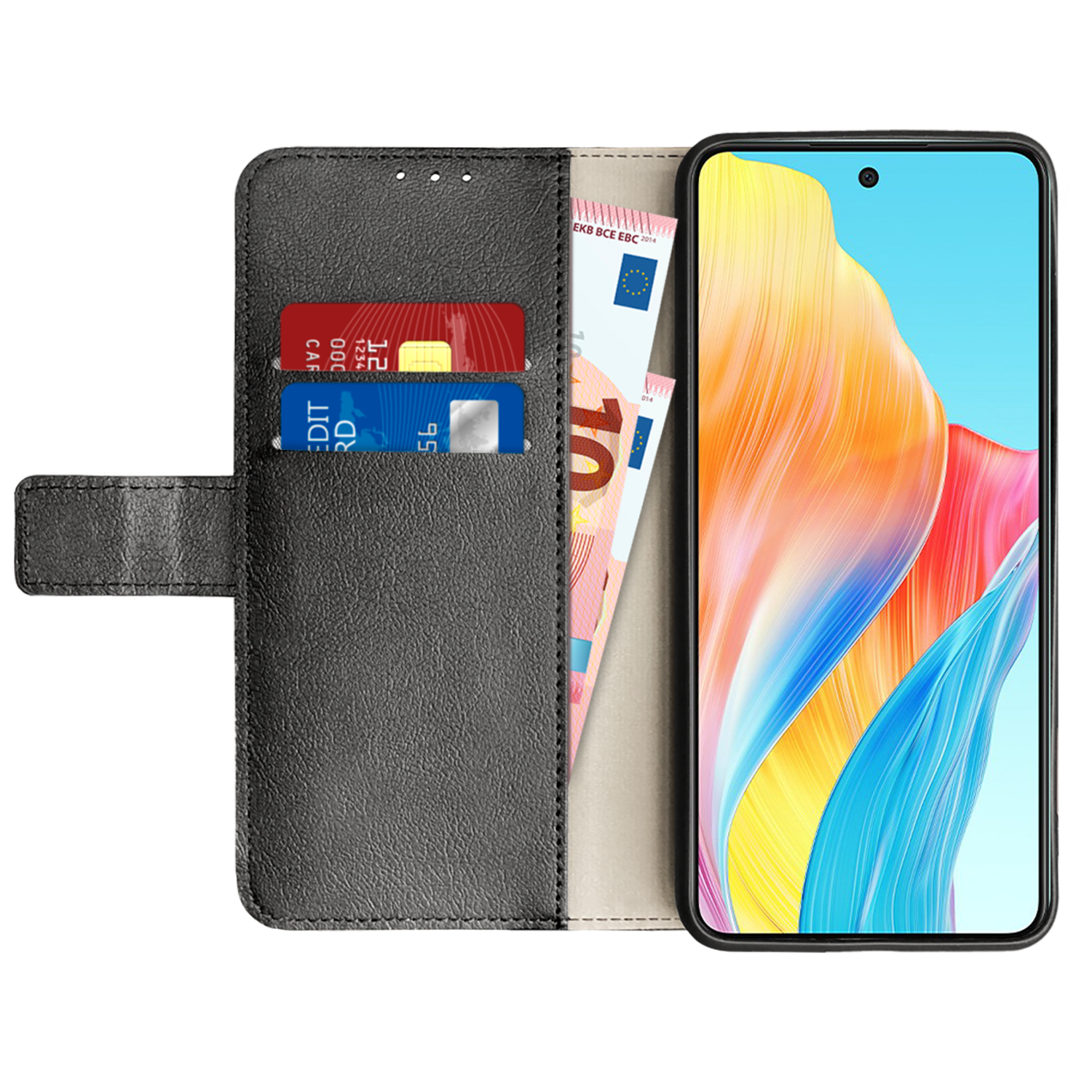 Un étui de téléphone noir ouvert avec un téléphone, des cartes et de l'argent.