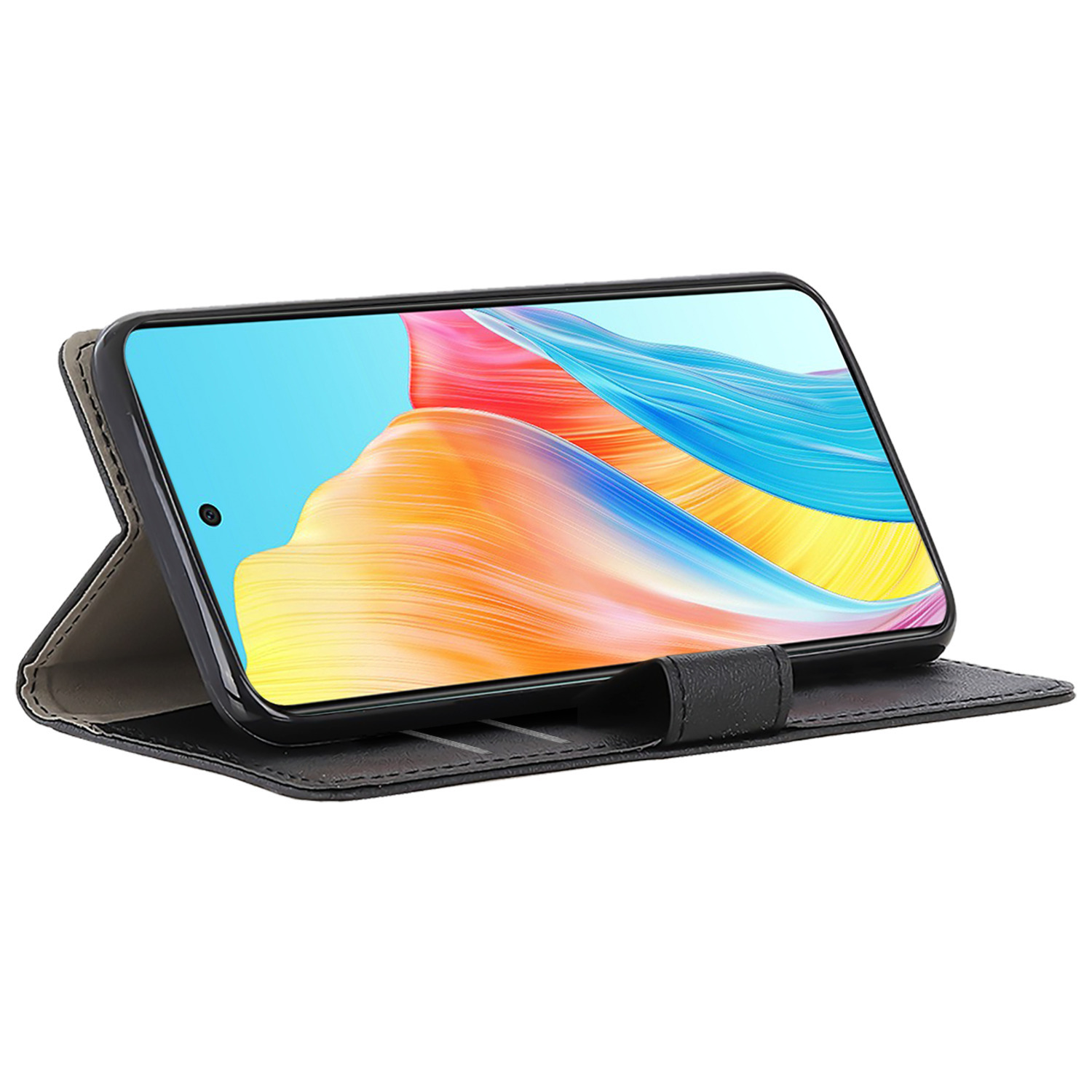 Un étui de téléphone noir avec un téléphone. Le téléphone affiche une image abstraite colorée.