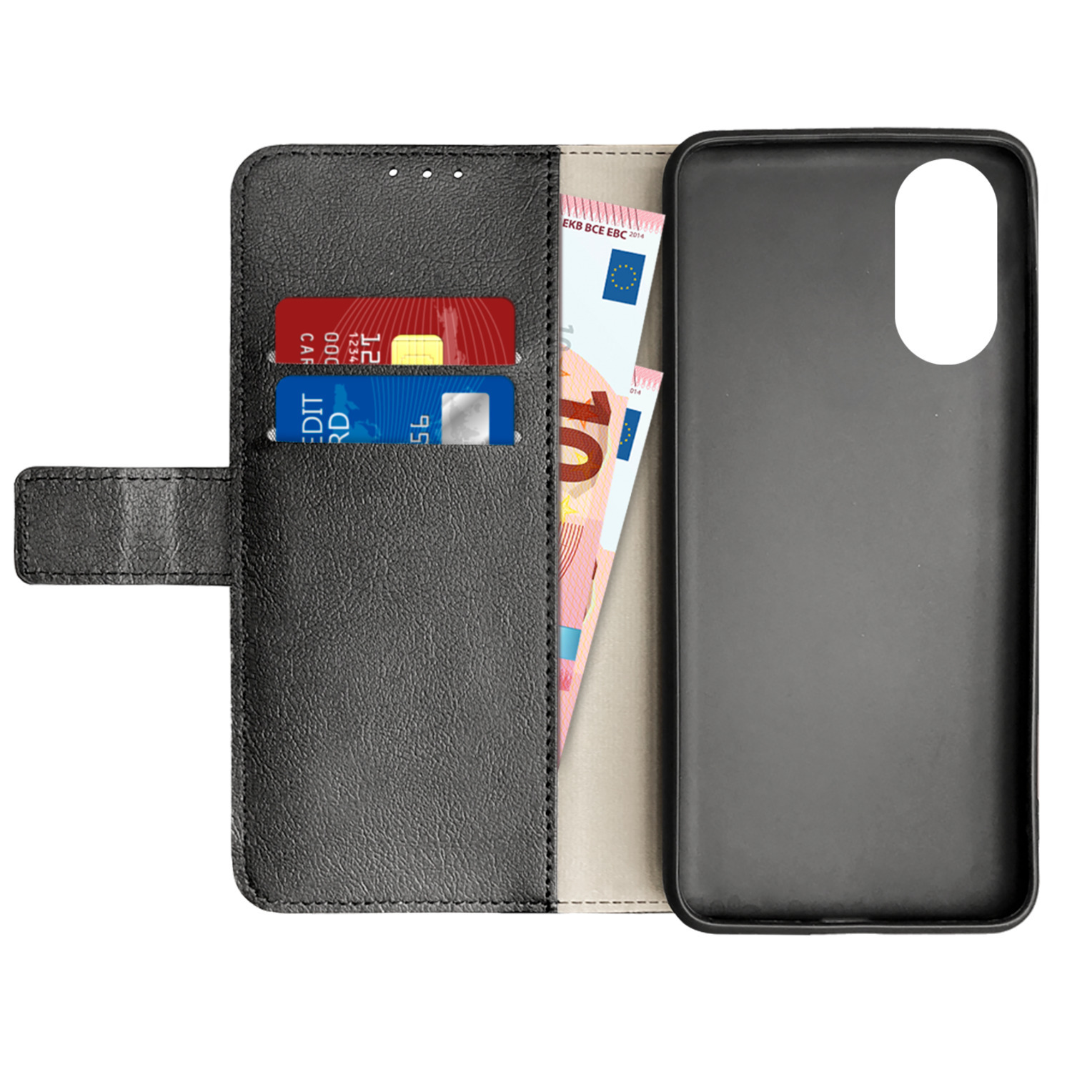 Un étui de téléphone noir avec des cartes de crédit et des billets en euros à l'intérieur.