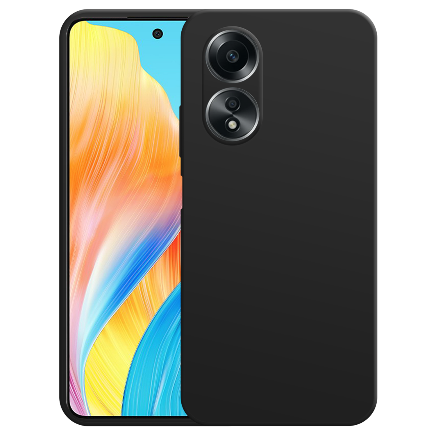 Zwart telefoonhoesje met drie cameralenzen. Zwarte achtergrond.