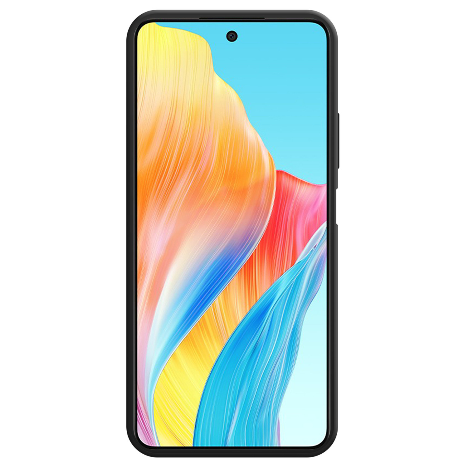 Een zwarte smartphone met een scherm dat kleurrijke abstracte vormen weergeeft. De telefoon zit in een zwarte hoes.