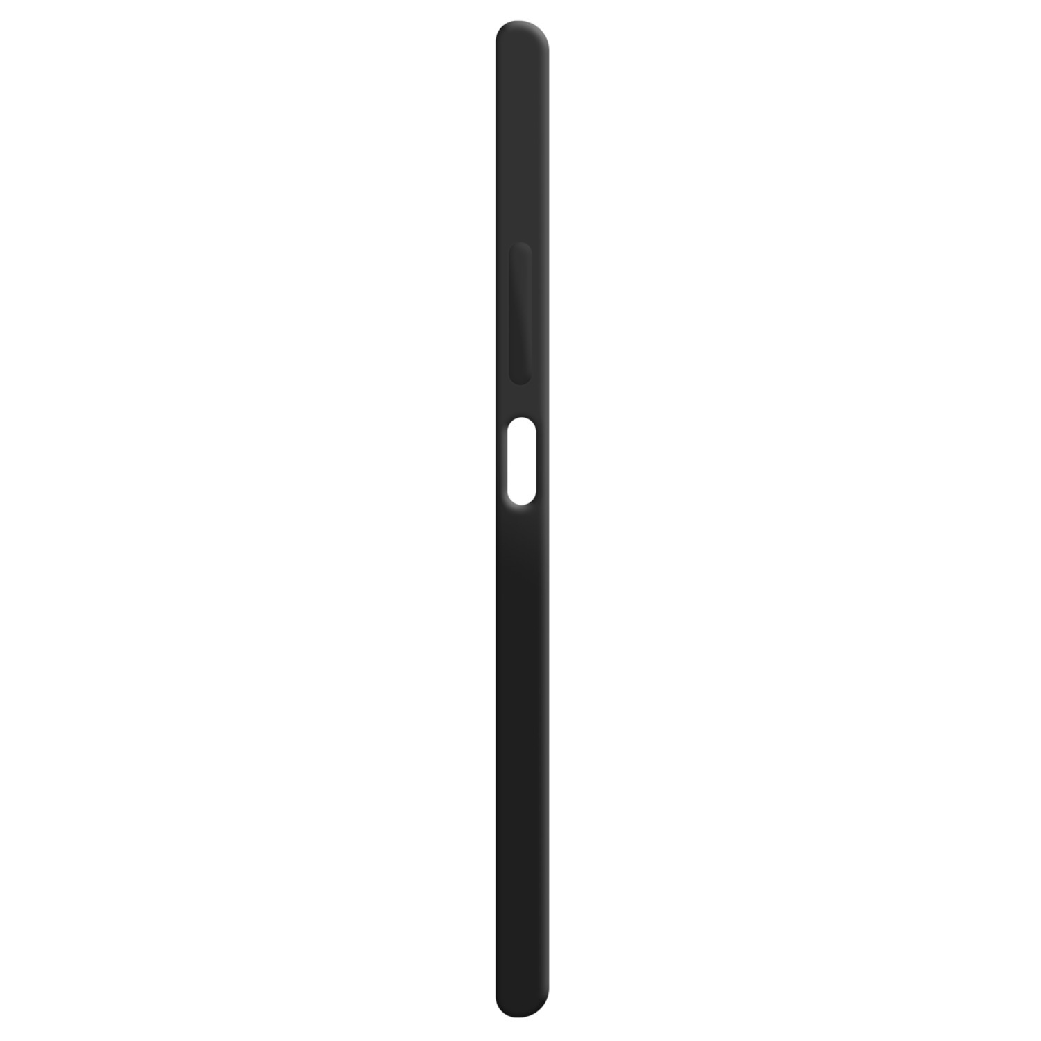 Zijaanzicht van een zwarte telefoon. Toont de rand met een knop.