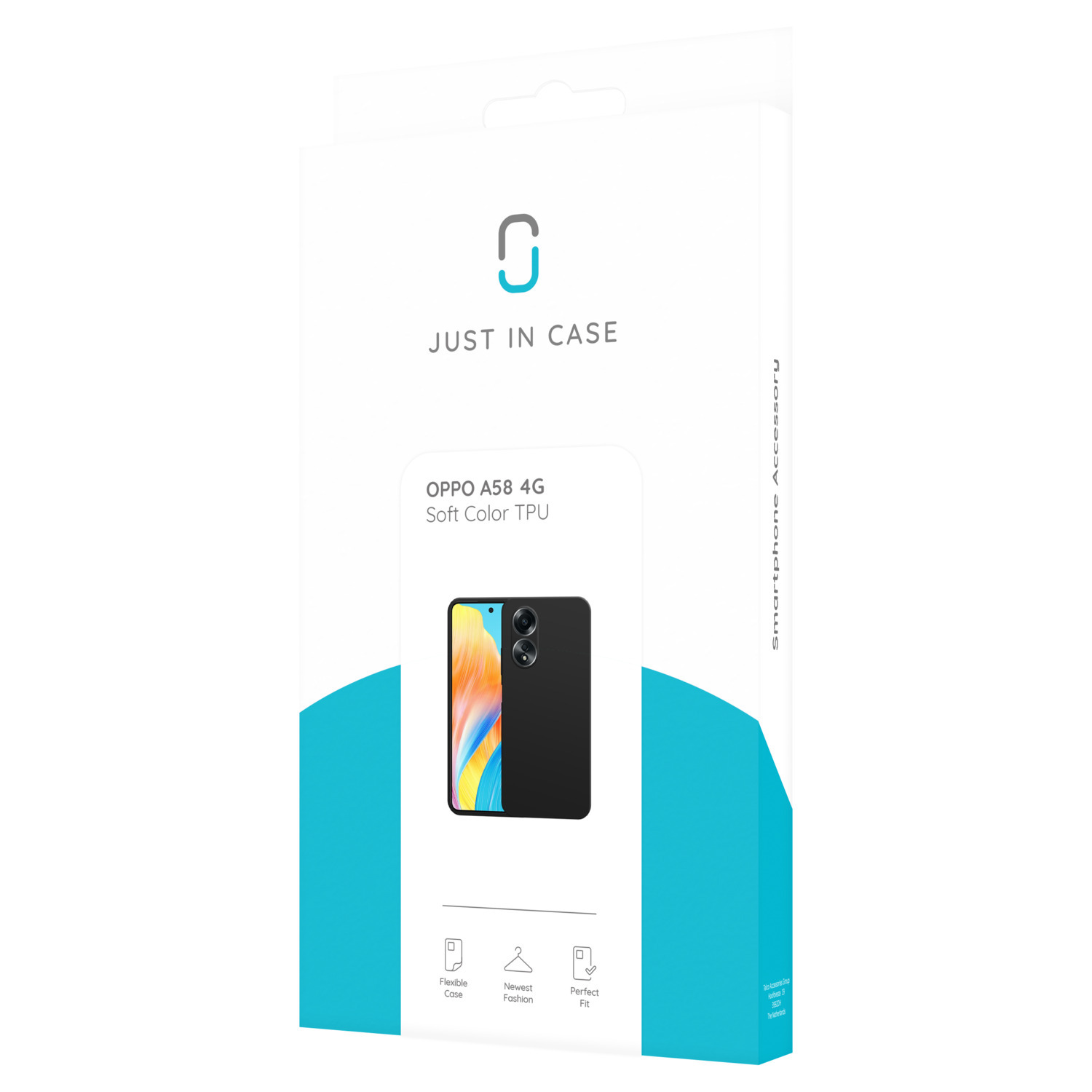 Doos voor de Oppo A58 4G telefoon. Zwarte telefoon illustratie. Tekst: Just in Case, Newest Fashion, Perfect Fit.