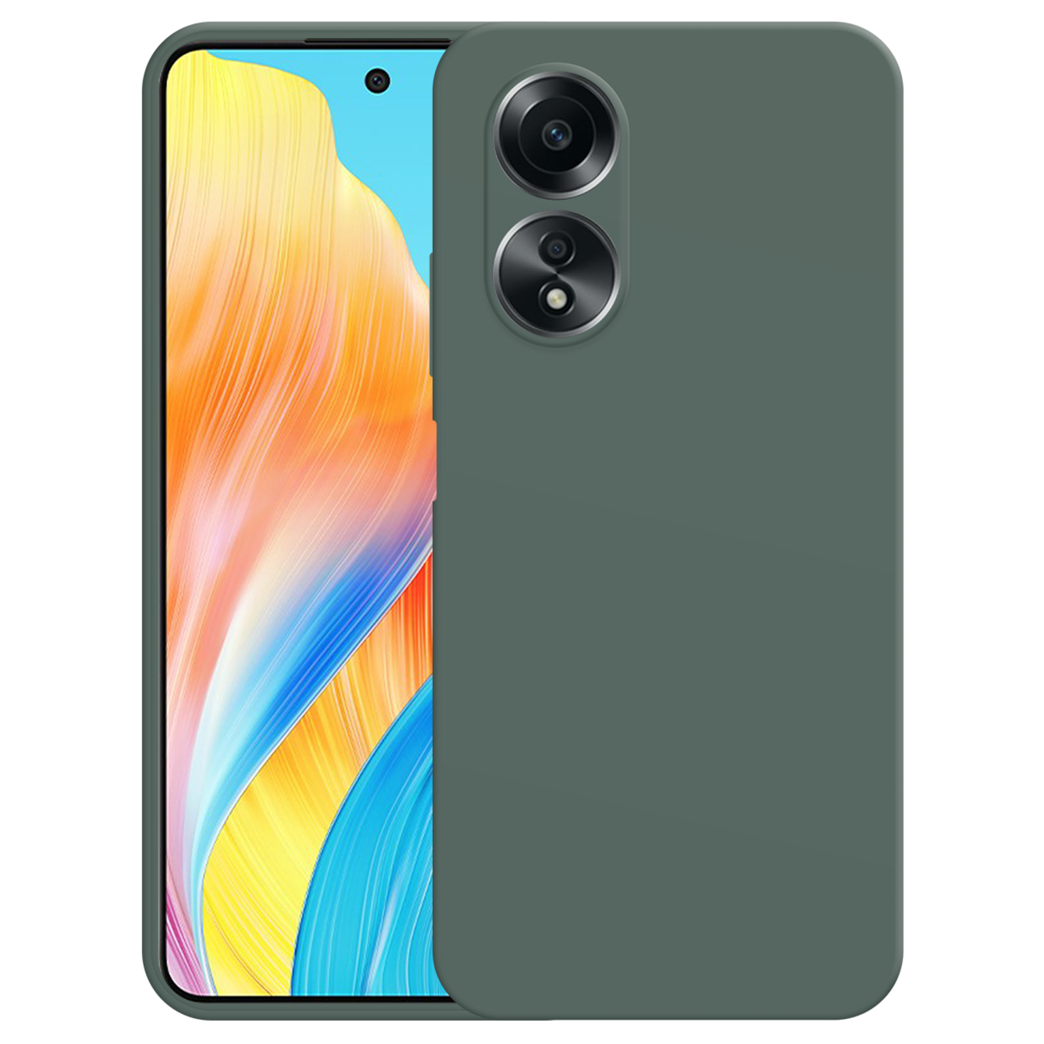 Un téléphone vert foncé avec une configuration à double caméra et un étui, sur fond noir.