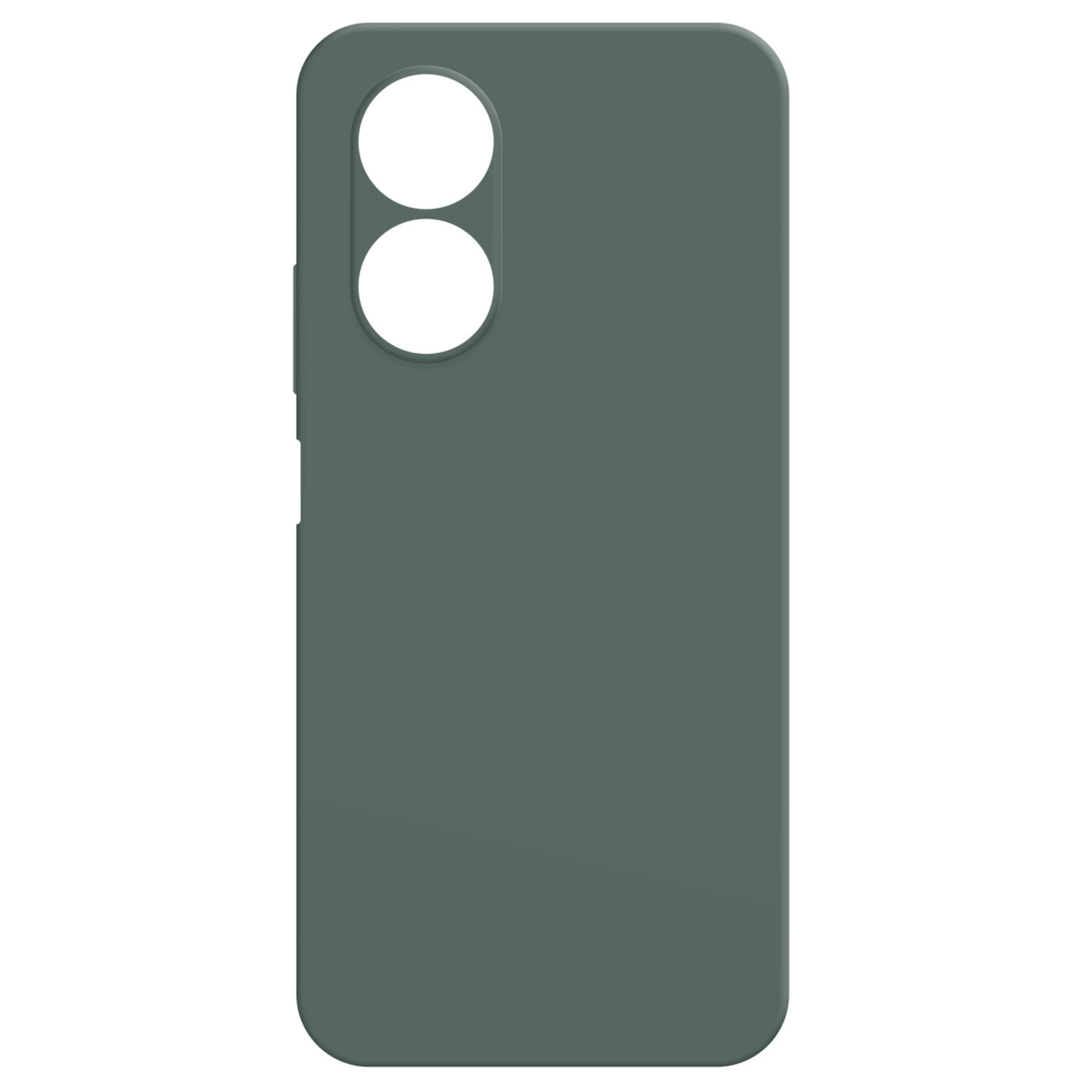 Un étui de téléphone vert foncé. Deux cercles de caméra en haut. Surface lisse.