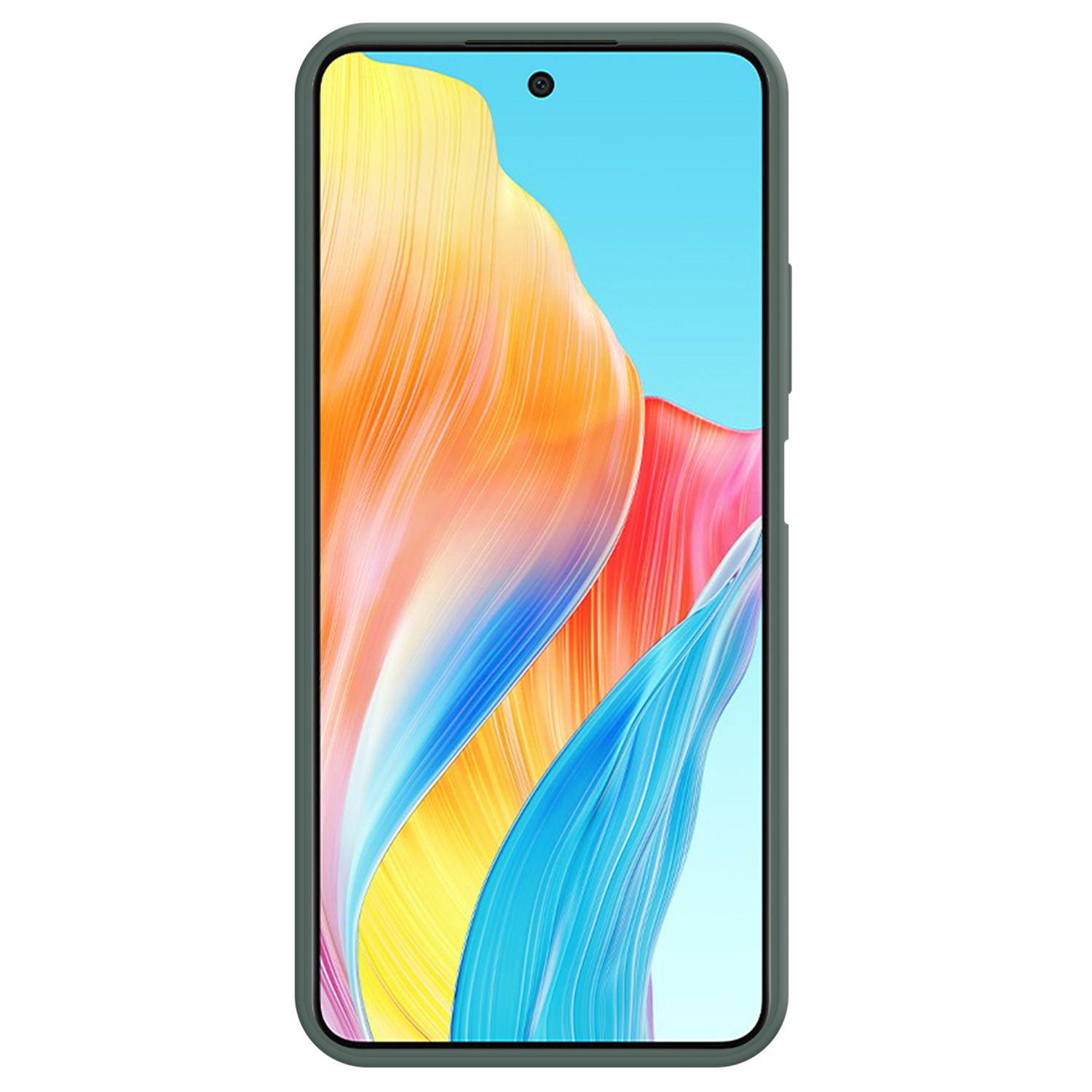 Un smartphone dans un étui vert affiche une image abstraite colorée sur son écran.