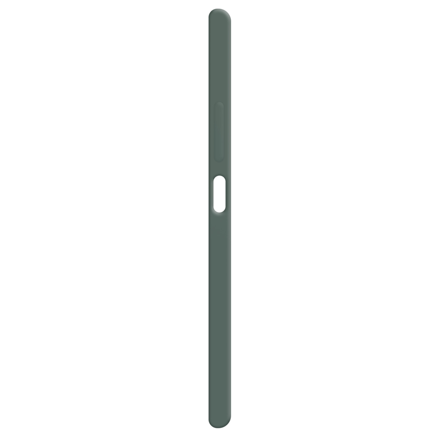 Vue latérale d'une coque de téléphone vert foncé avec bouton de volume et trou.