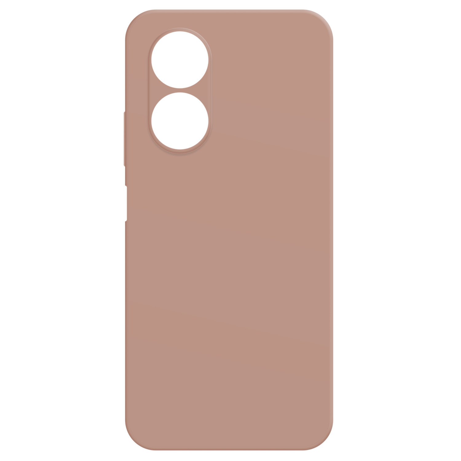 Een telefoonhoesje, lichtbruin, met gaten voor twee cameralenzen.