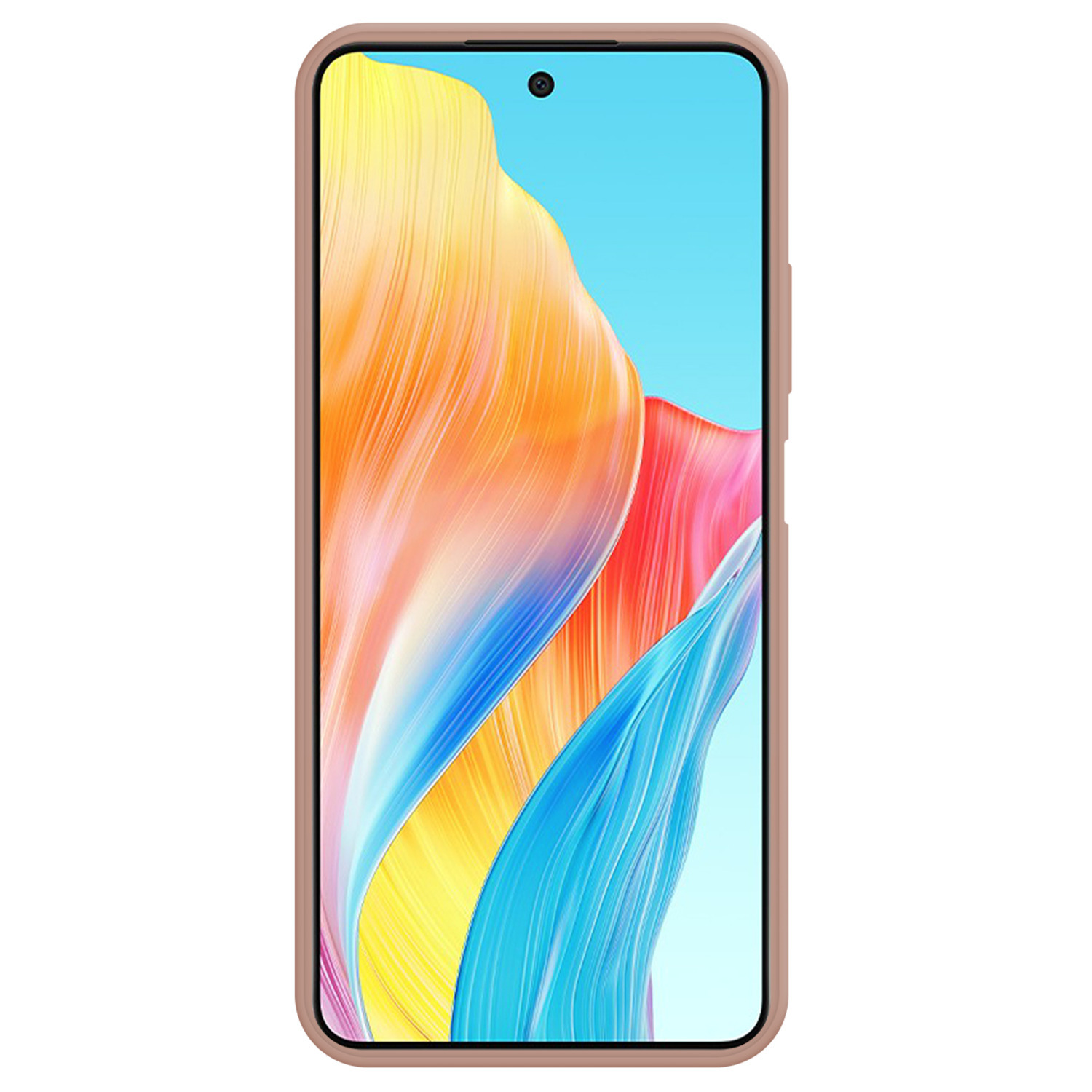 Telefoonscherm met een kleurrijk abstract ontwerp, in een roze hoesje.