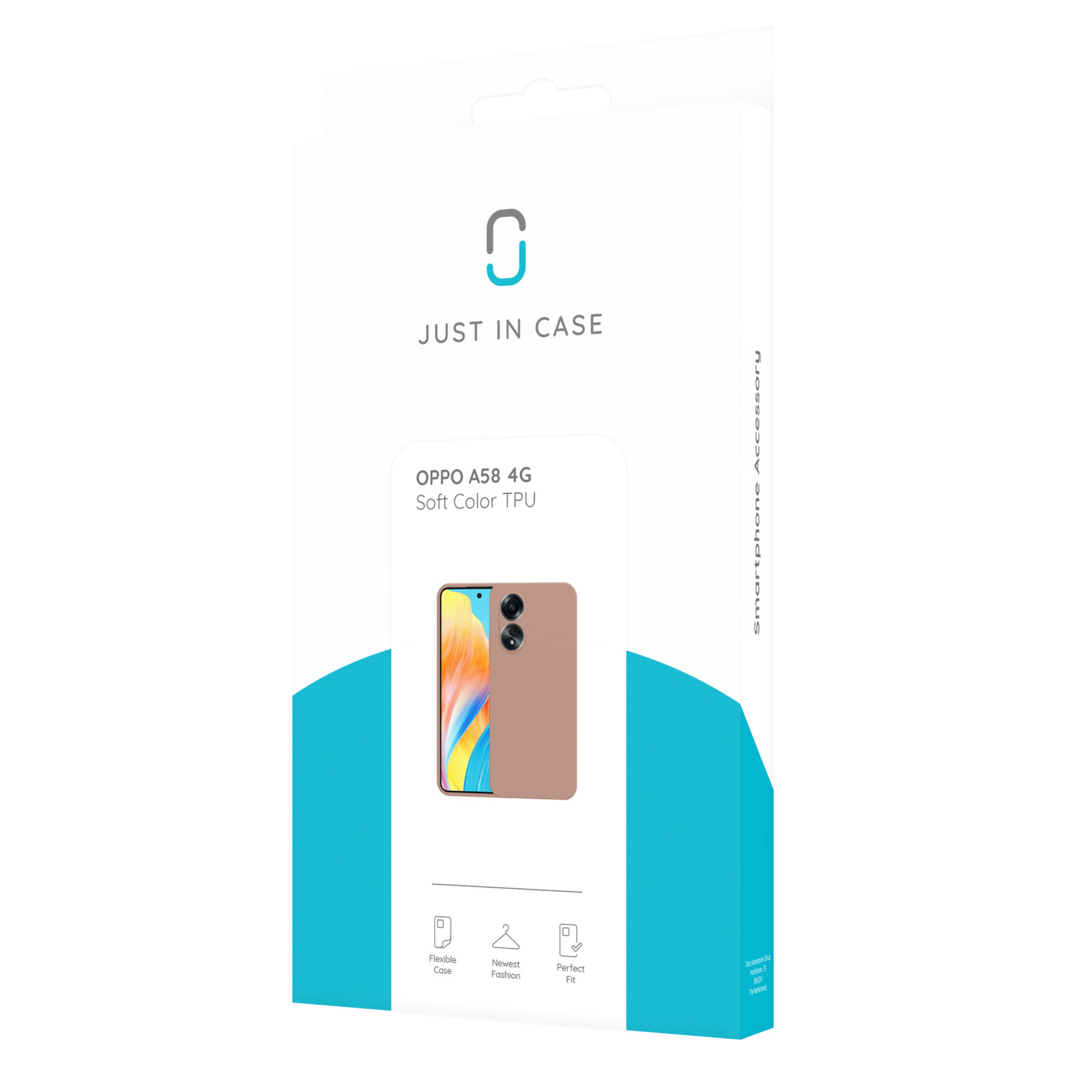 Een telefoonhoesjesdoos met een bruin telefoonhoesje afbeelding. De merknaam is 'JUST IN CASE'.