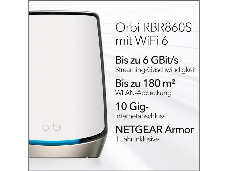 Nahaufnahme eines WLAN-Routers mit Text zu Geschwindigkeit und Reichweite und Markenname.
