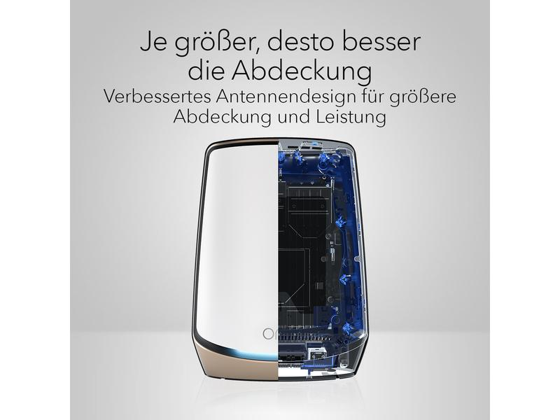 Router halbiert, zeigt interne Komponenten. Text sagt 'größer ist besser'.