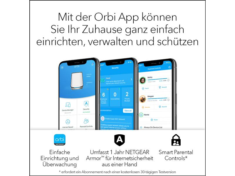 Drei Telefone mit App-Bildschirmen. Text: Mit der Orbi App, einfach einrichten, verwalten und sichern.