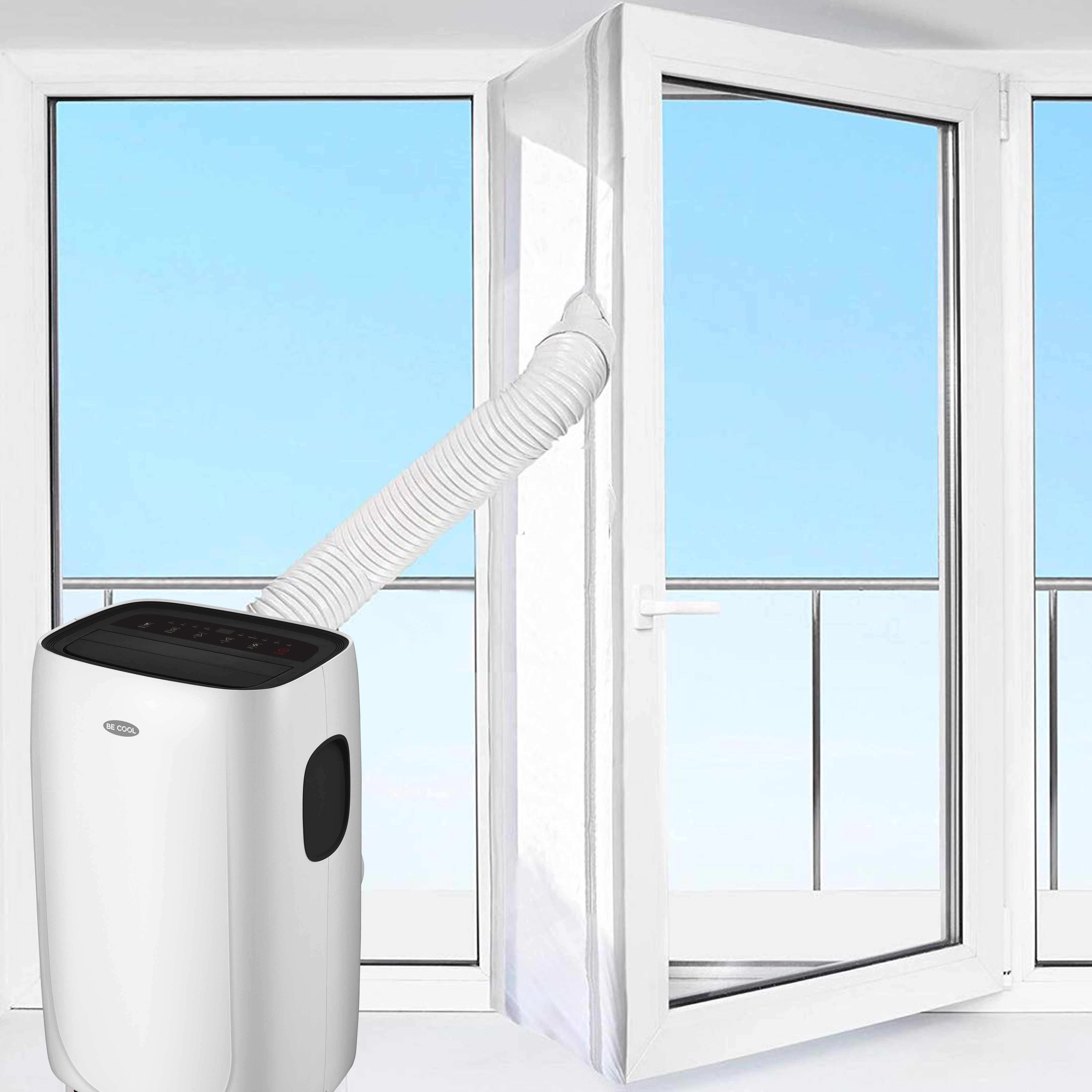 Ein weißes und schwarzes Klimagerät mit einem flexiblen Schlauch am offenen Fenster.