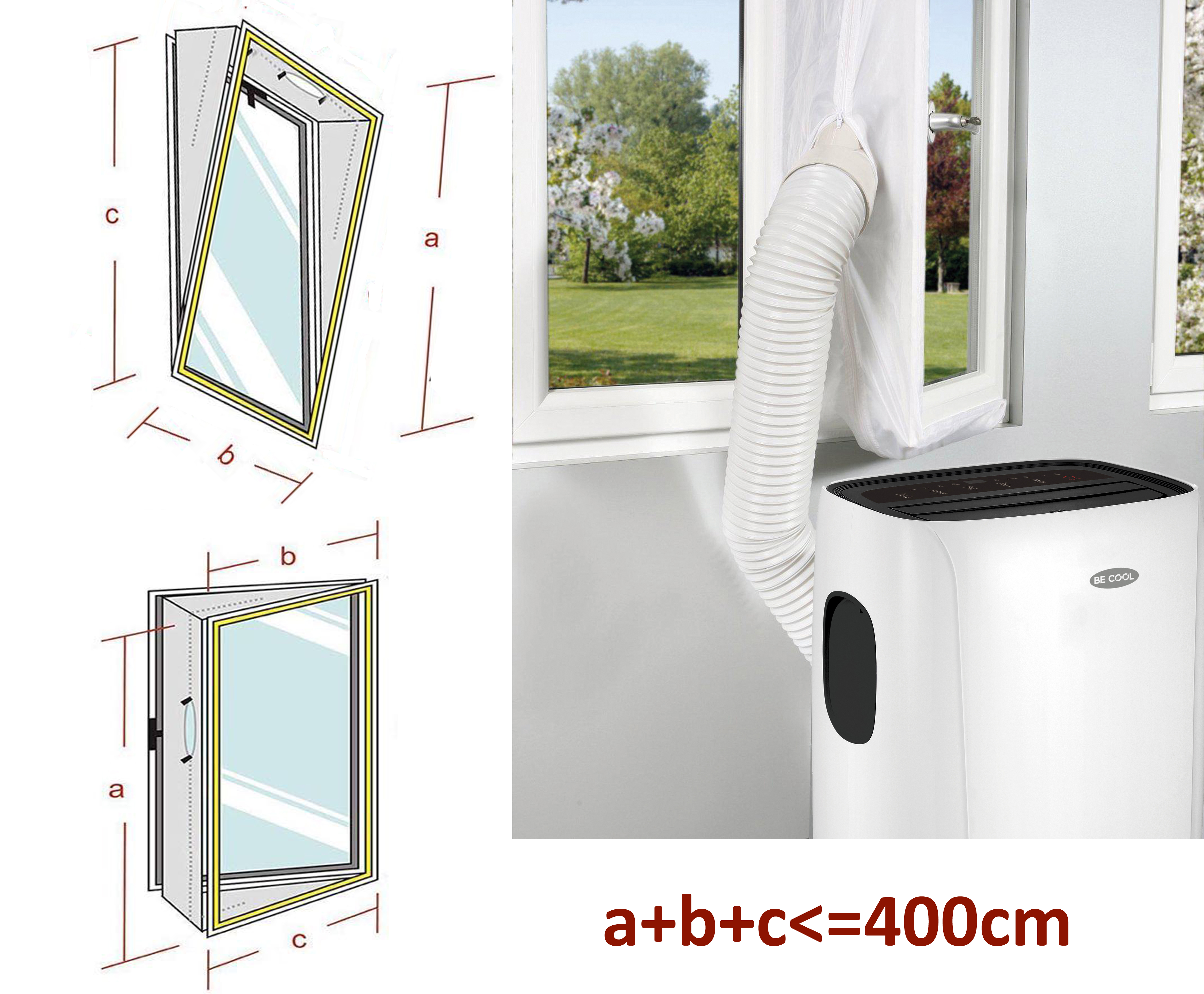 Diagramme mit Maßen für die Installation einer Fensterklimaanlage. Text: a+b+c<lt/>=400cm.