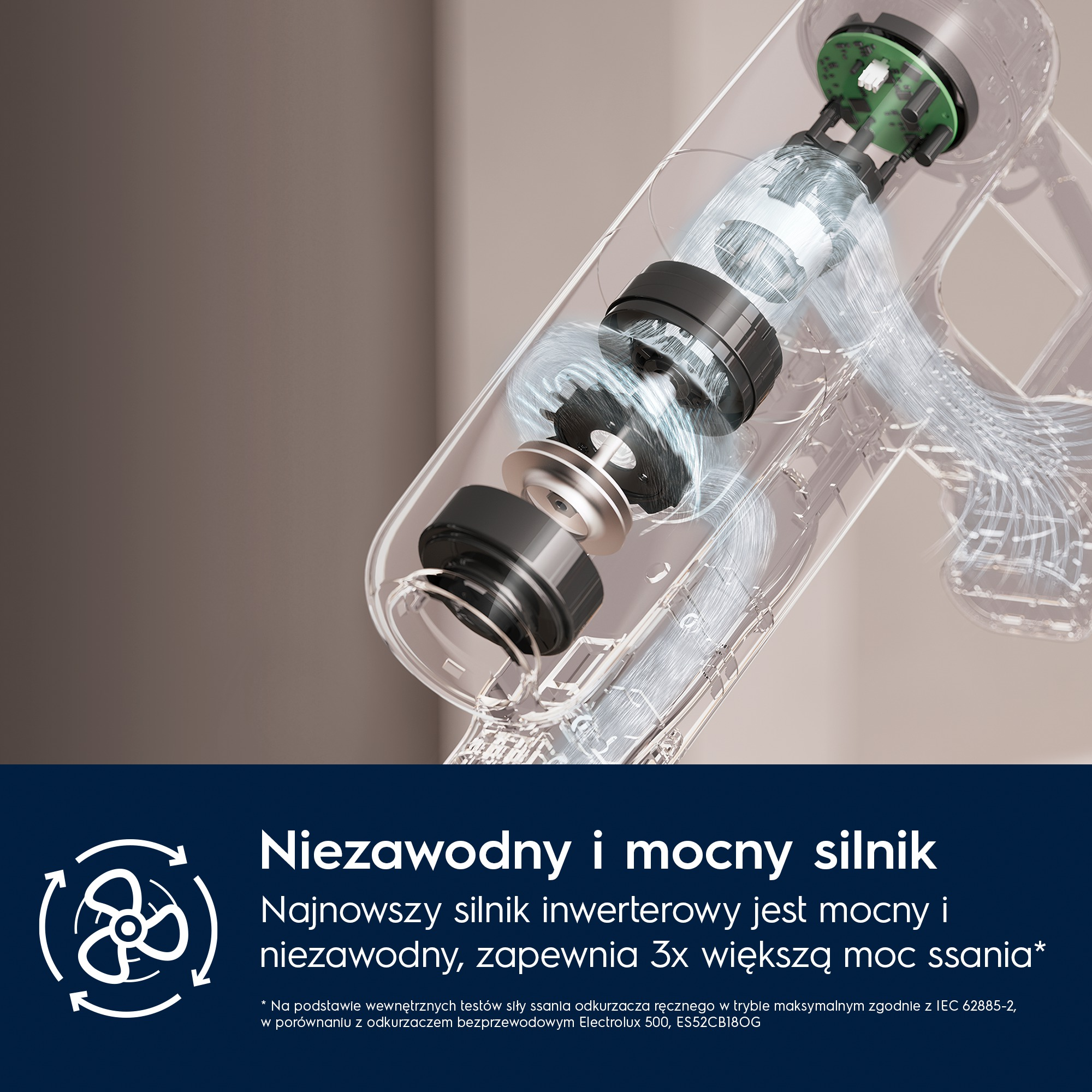 Zbliżenie wnętrza silnika odkurzacza pokazujące przepływ powietrza. Po lewej ikona wentylatora.