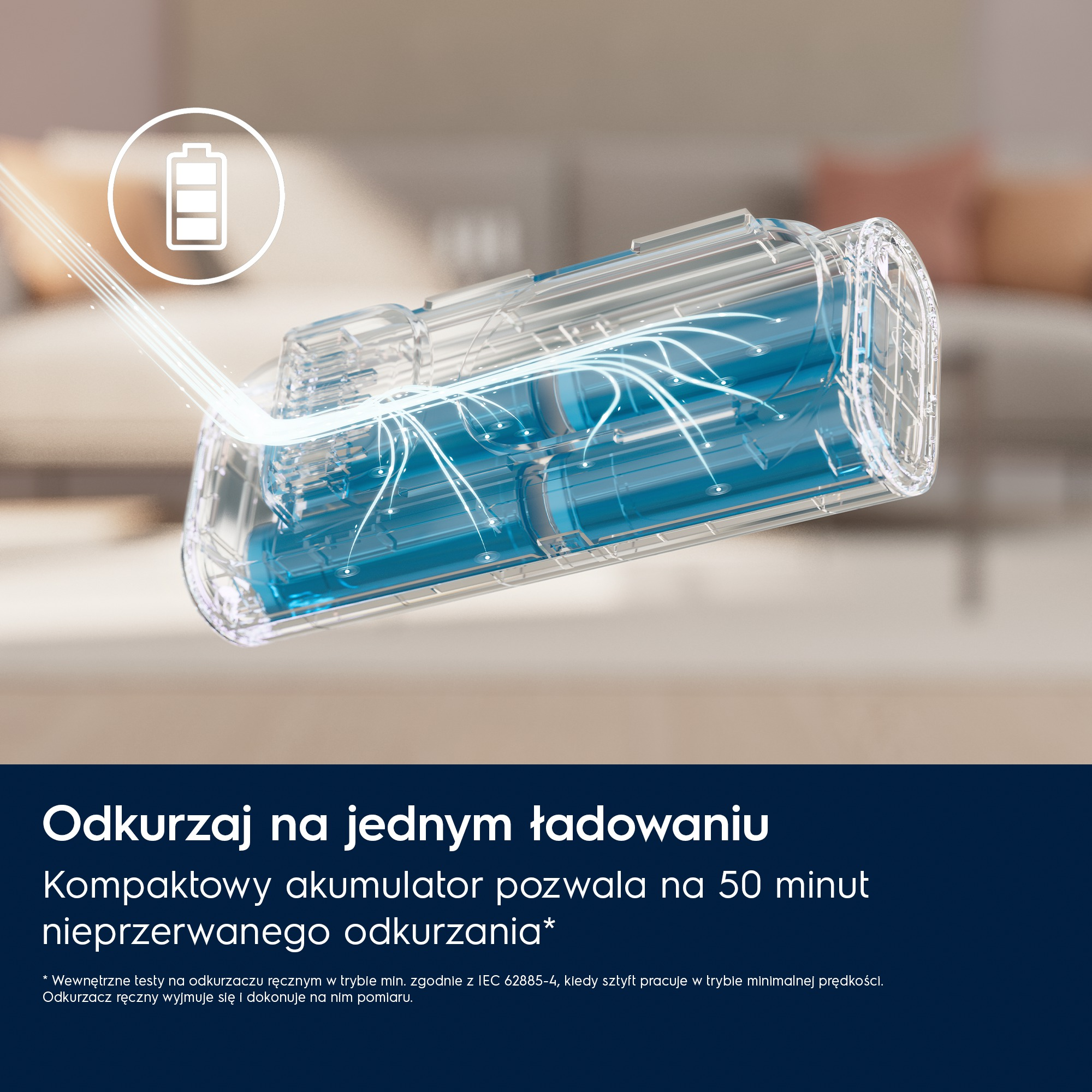 Bateria odkurzacza z ikoną ładowania i niebieskimi liniami energii.