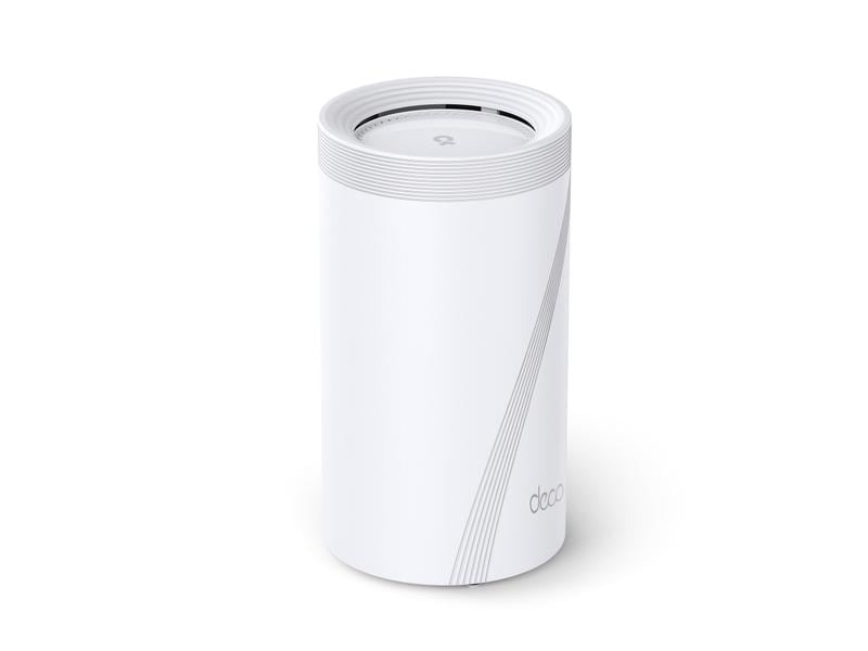 Ein weißes zylindrisches Gerät mit grauem Design, möglicherweise ein Router, auf weißem Hintergrund.