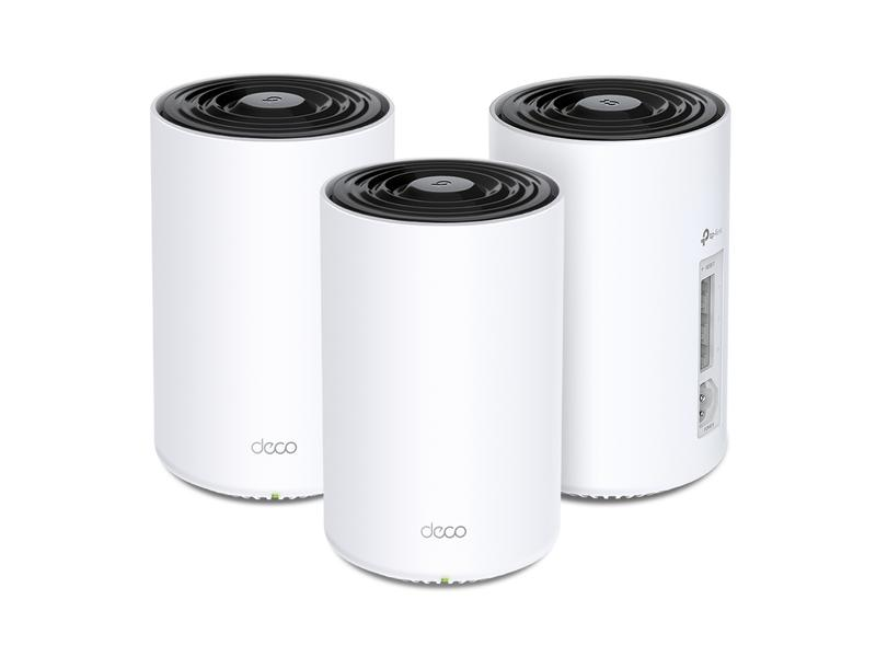 Trois appareils de réseau maillé cylindriques blancs avec des dessus noirs, isolés sur fond blanc.